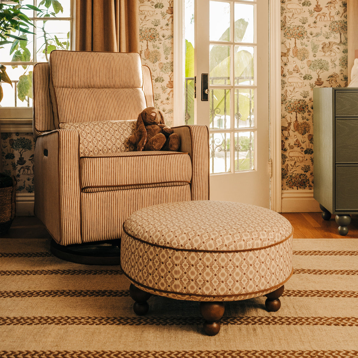 M33385BSRCTF,Nate Berkus x Babyletto Astre Ottoman in Perf Bronze Star Eco-Crossweave w/Toffee feet