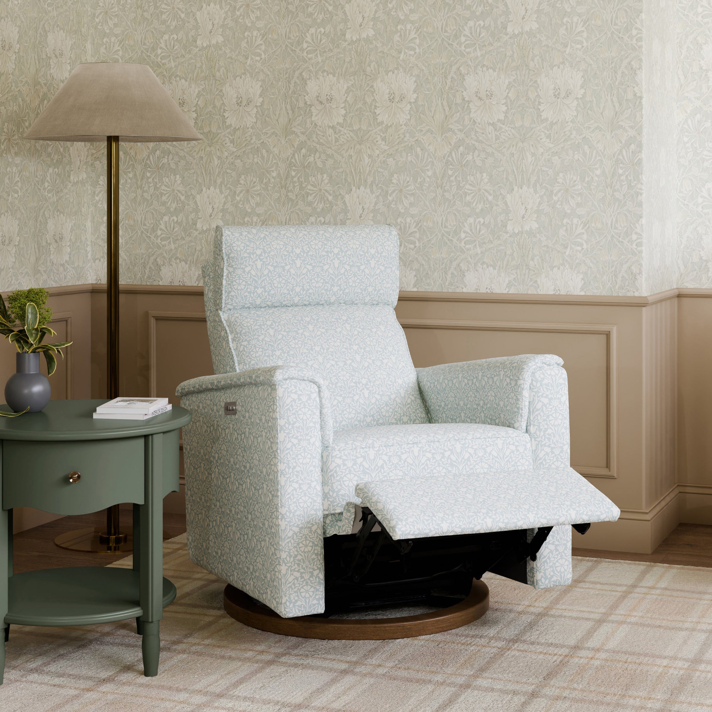 M17186BPBDB,Willa Plus Power Glider Recliner w/ Power Headrest in Bellflowers in Powdered Blue w/ Dark Wood Base