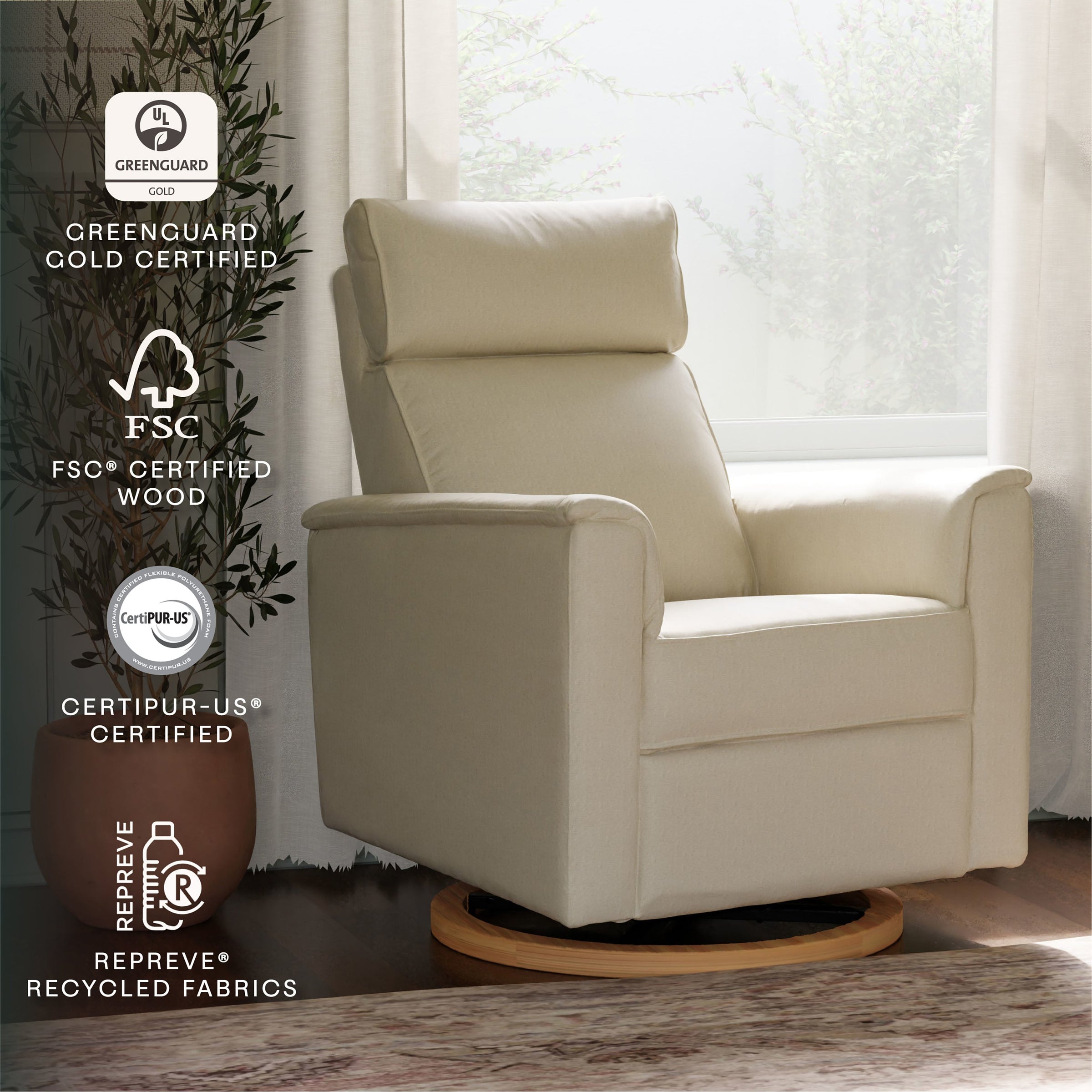 B17186PCMEWLB,Willa Plus Power Glider Recliner w/ Power Headrest in Performance Cream Eco-Weave w/Light Wood base
