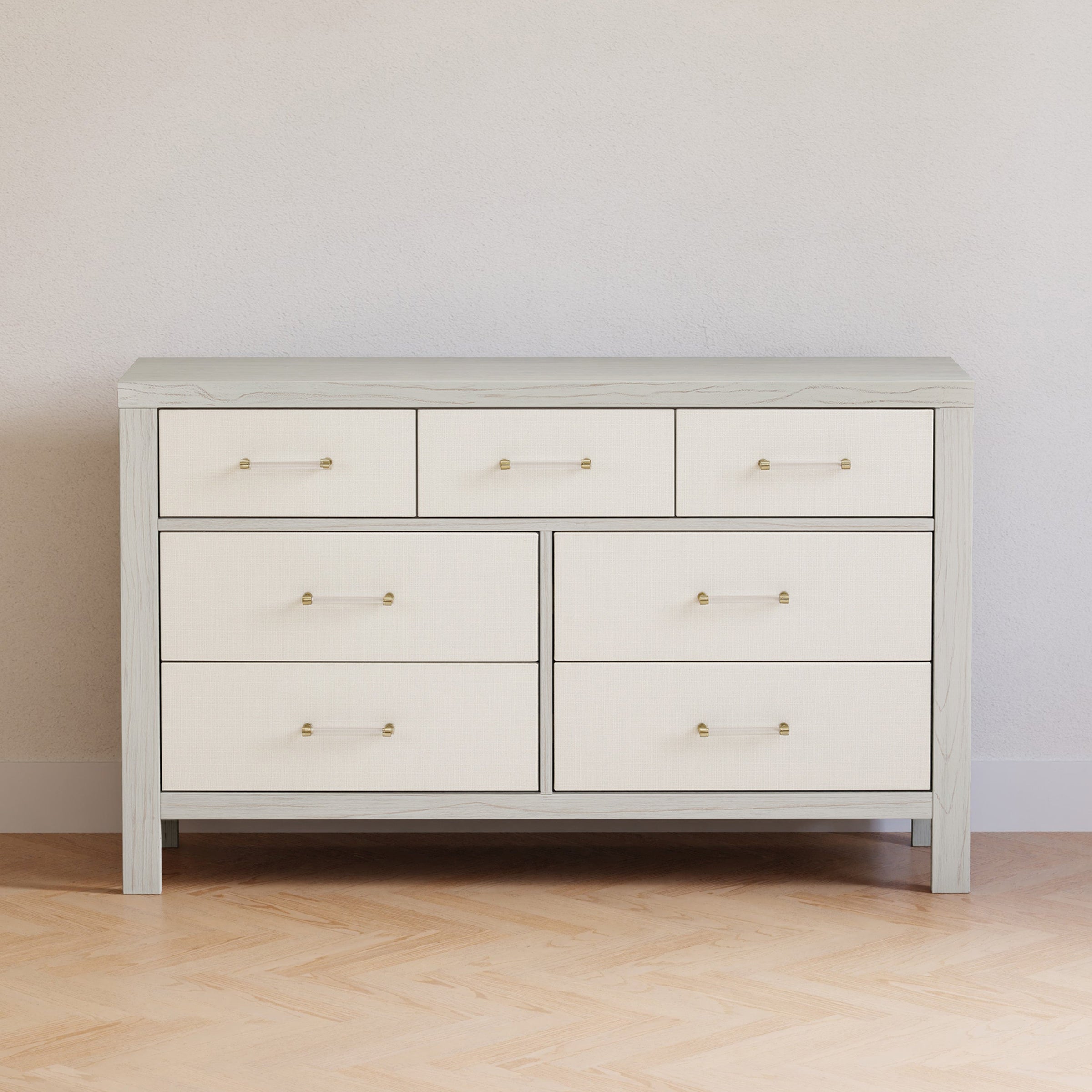 M24816WDFPEW,Eloise 7-Drawer Assembled Dresser in White Driftwood and Performance Pearl Eco-Weave