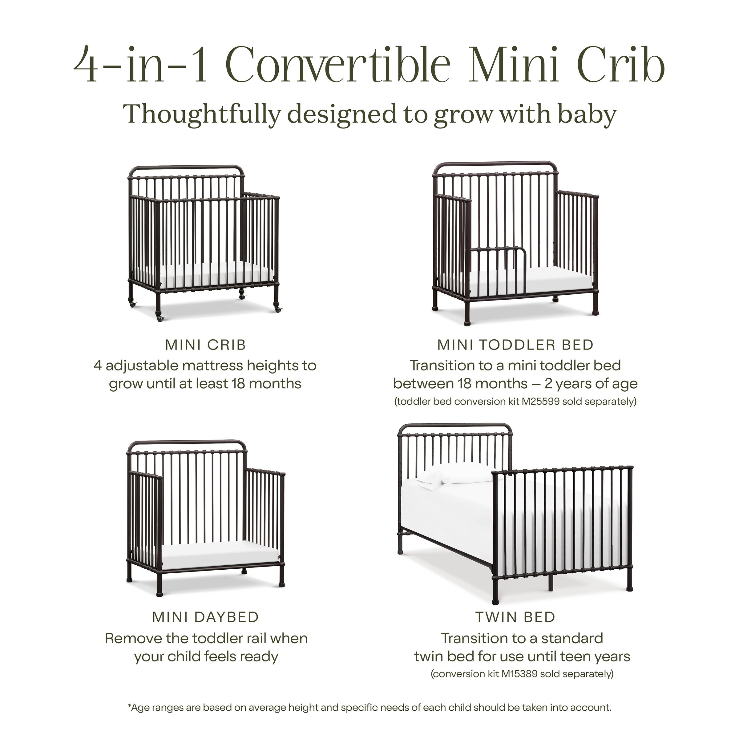 M15398UR,Winston 4-in-1 Convertible Mini Crib in Vintage Iron