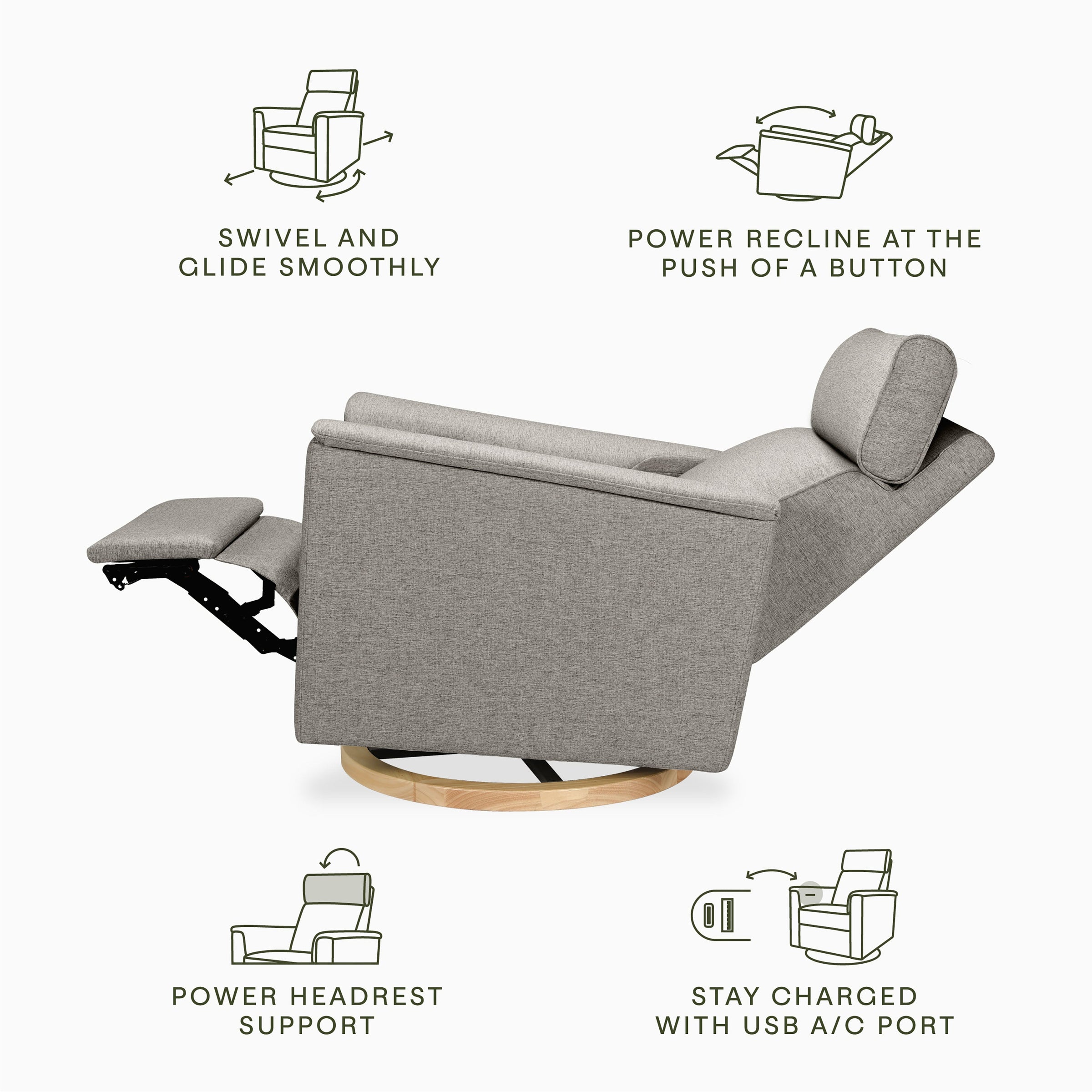 B17186PGEWLB,Willa Plus Power Glider Recliner w/ Power Headrest in Performance Grey Eco-Weave w/Light Wood Base