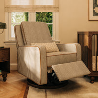 M23085OSCTB,Nate Berkus x Babyletto Sigi Power Recliner in Perf Olive Stripe Eco-Crossweave w/Toffee Base