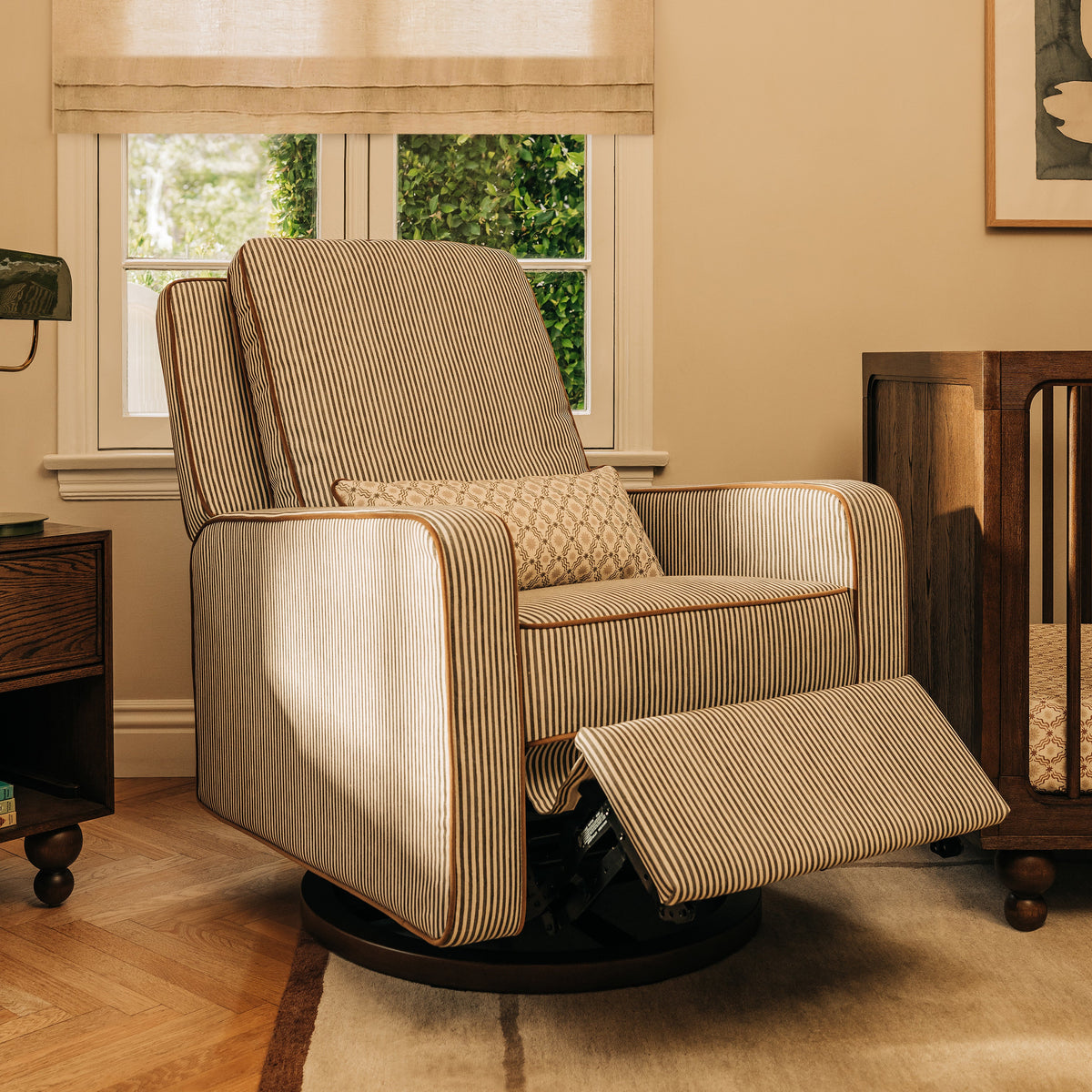 M23085OSCTB,Nate Berkus x Babyletto Sigi Power Recliner in Perf Olive Stripe Eco-Crossweave w/Toffee Base