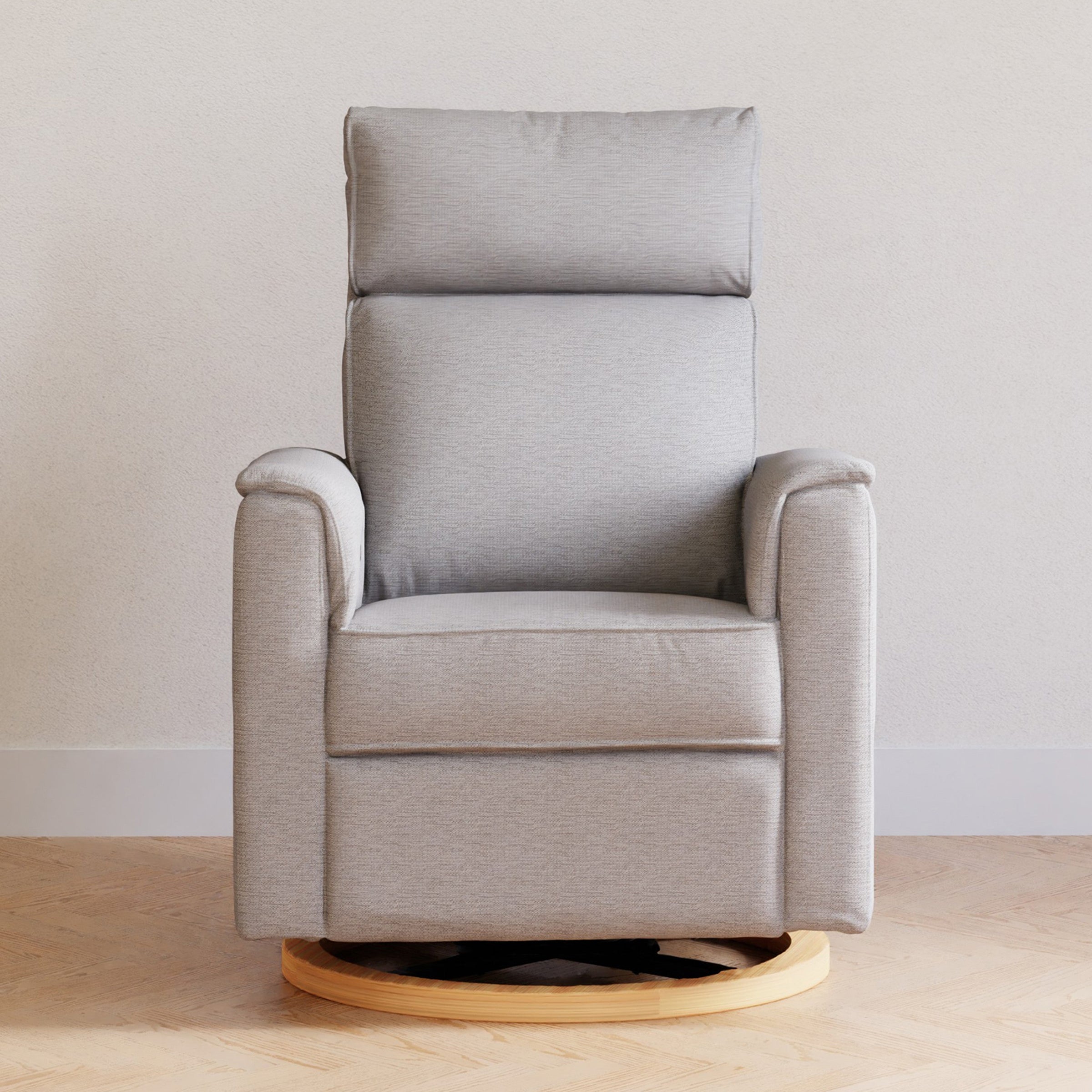 B17186PGEWLB,Willa Plus Power Glider Recliner w/ Power Headrest in Performance Grey Eco-Weave w/Light Wood Base