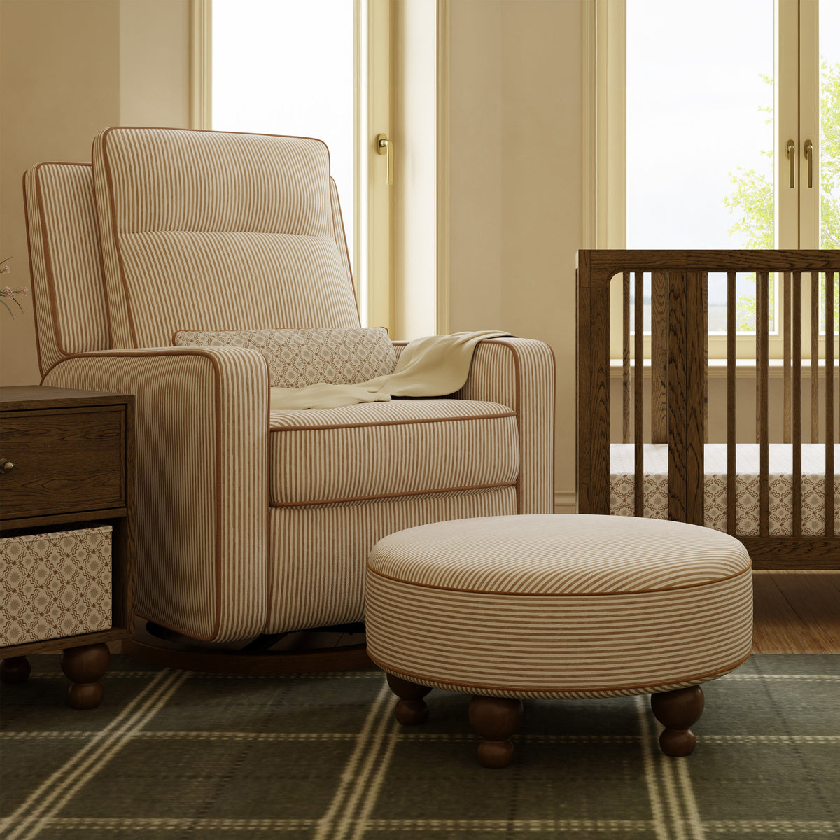 M33385BSCTF,Nate Berkus x Babyletto Astre Ottoman in Perf Bronze Stripe Eco-Crossweave w/Toffee feet