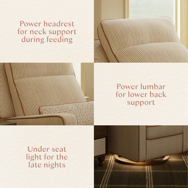 M23082BSCTB,Nate Berkus x Babyletto Sigi Pro Power Recliner in Perf Bronze Stripe Eco-Crossweave w/Toffee Base