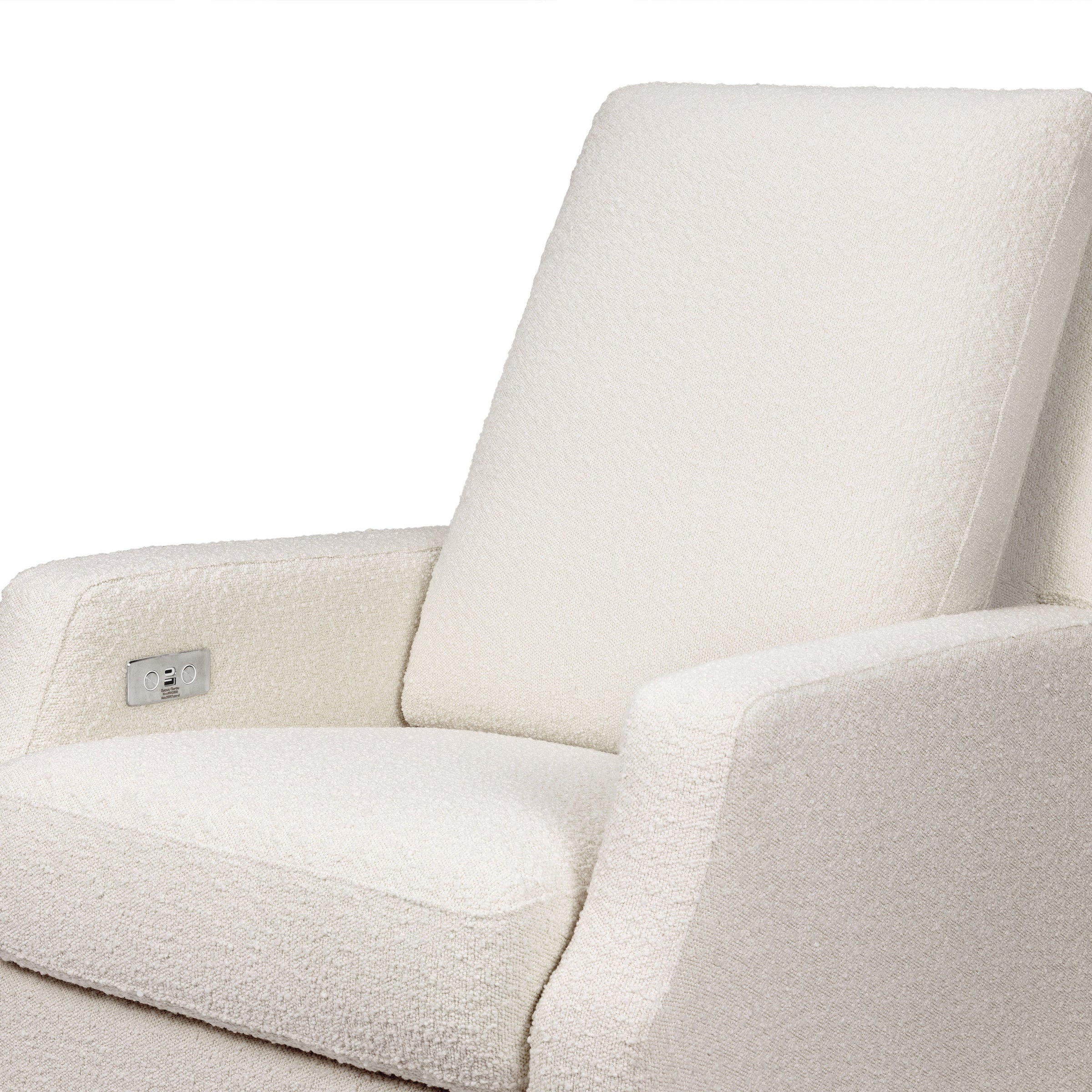 M22286WBLB,Crewe Electronic Swivel Glider Recliner in Ivory Boucle w/Light Wood Base
