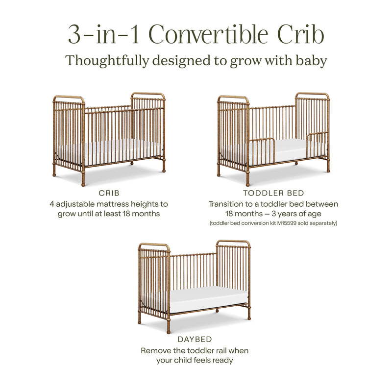 M15501VG,Abigail 3-in-1 Convertible Crib in Vintage Gold
