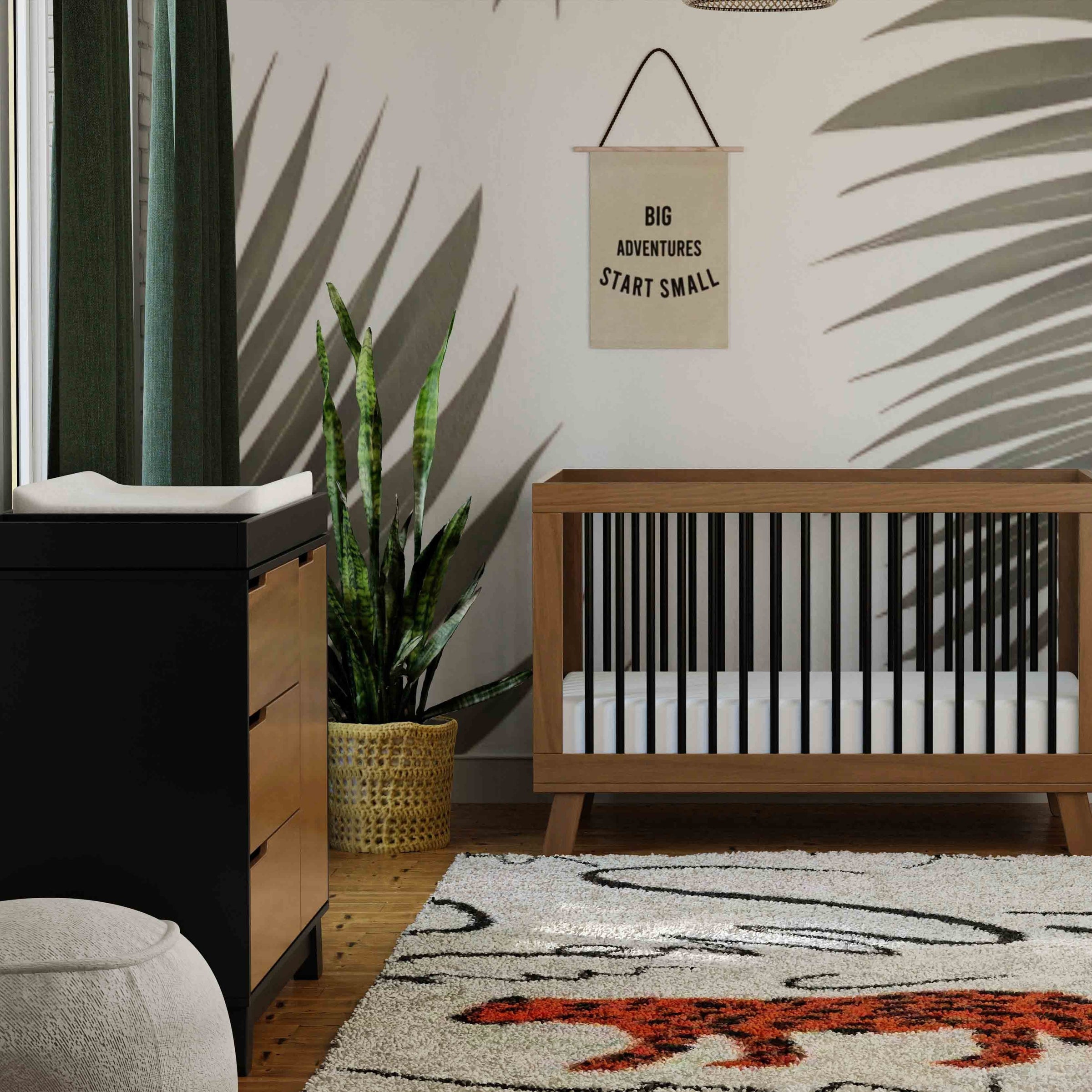 M4223BNL,Hudson 3-Drawer Changer Dresser w/Removable Changing Tray in Black/Natural Walnut