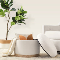 M22885PCMEWLB,Naka Storage Ottoman in Performance Cream Eco-Weave w/ Light wood base