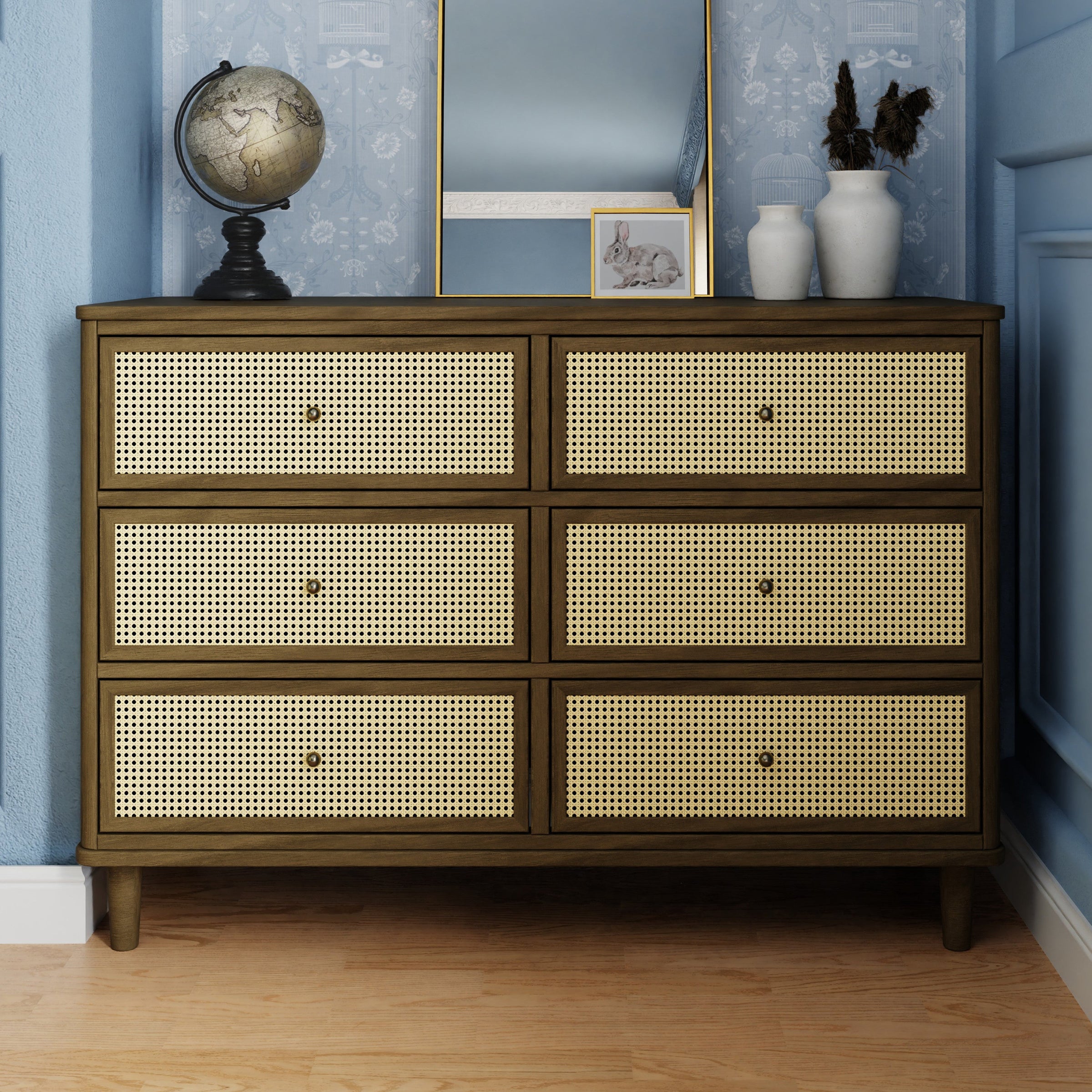 M23716NLBC,Marin with Cane 6 Drawer Assembled Dresser in Natural Walnut and Blonde Cane