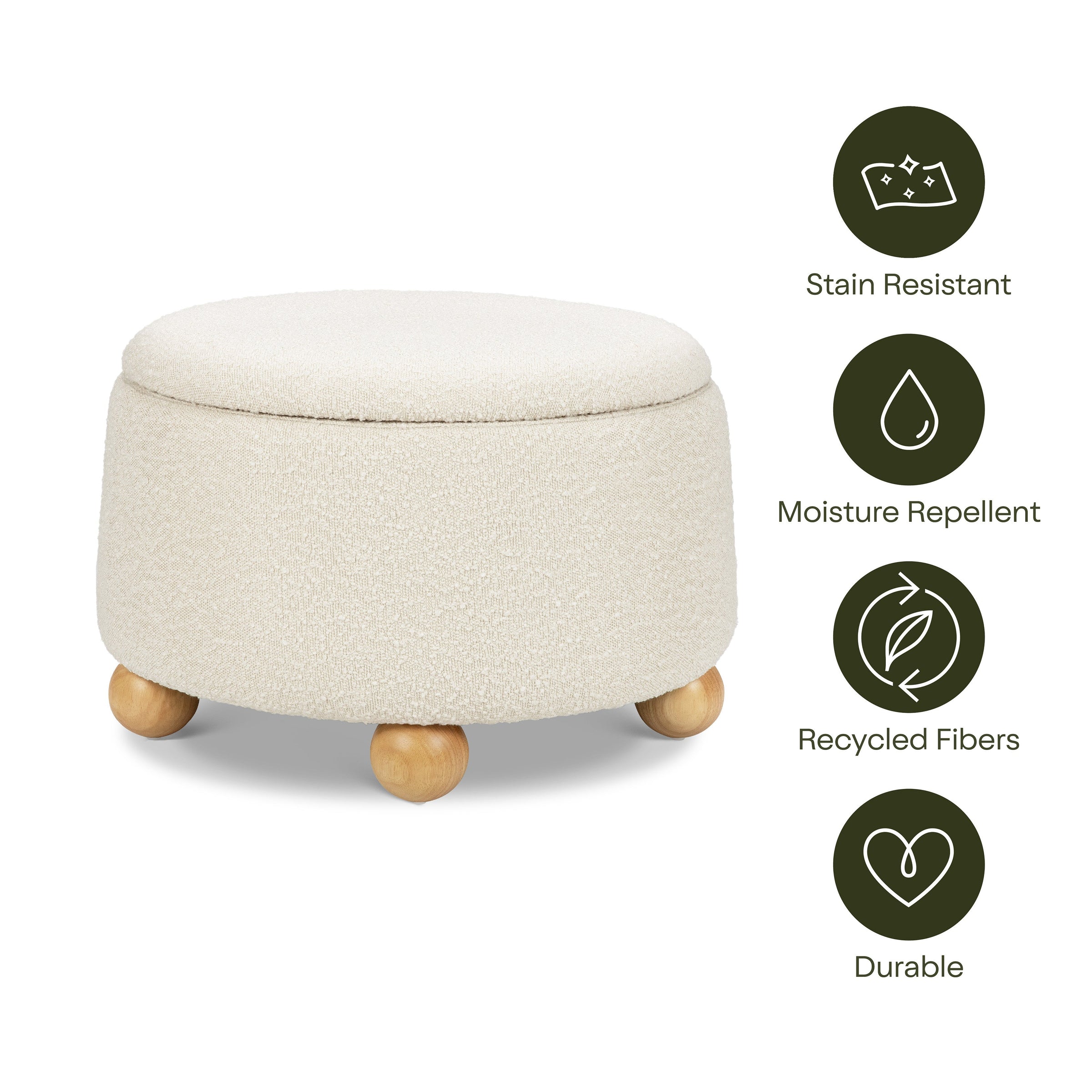 M30985PWBHF,Tuffet Storage Ottoman in Performance Ivory Boucle w/Honey Ball Feet