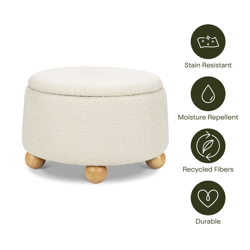 M30985PWBHF,Tuffet Storage Ottoman in Performance Ivory Boucle w/Honey Ball Feet
