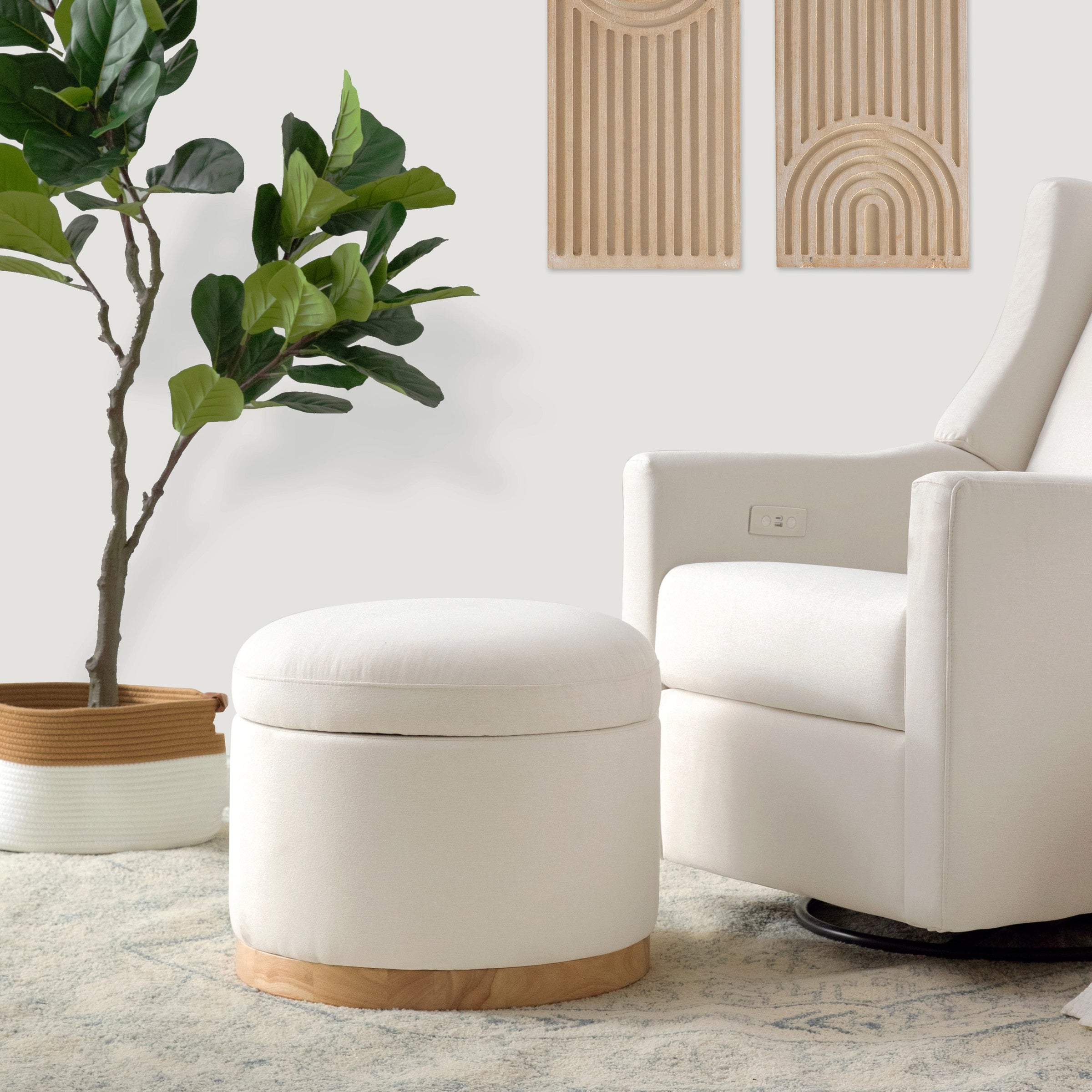 M22885PCMEWLB,Naka Storage Ottoman in Performance Cream Eco-Weave w/ Light wood base