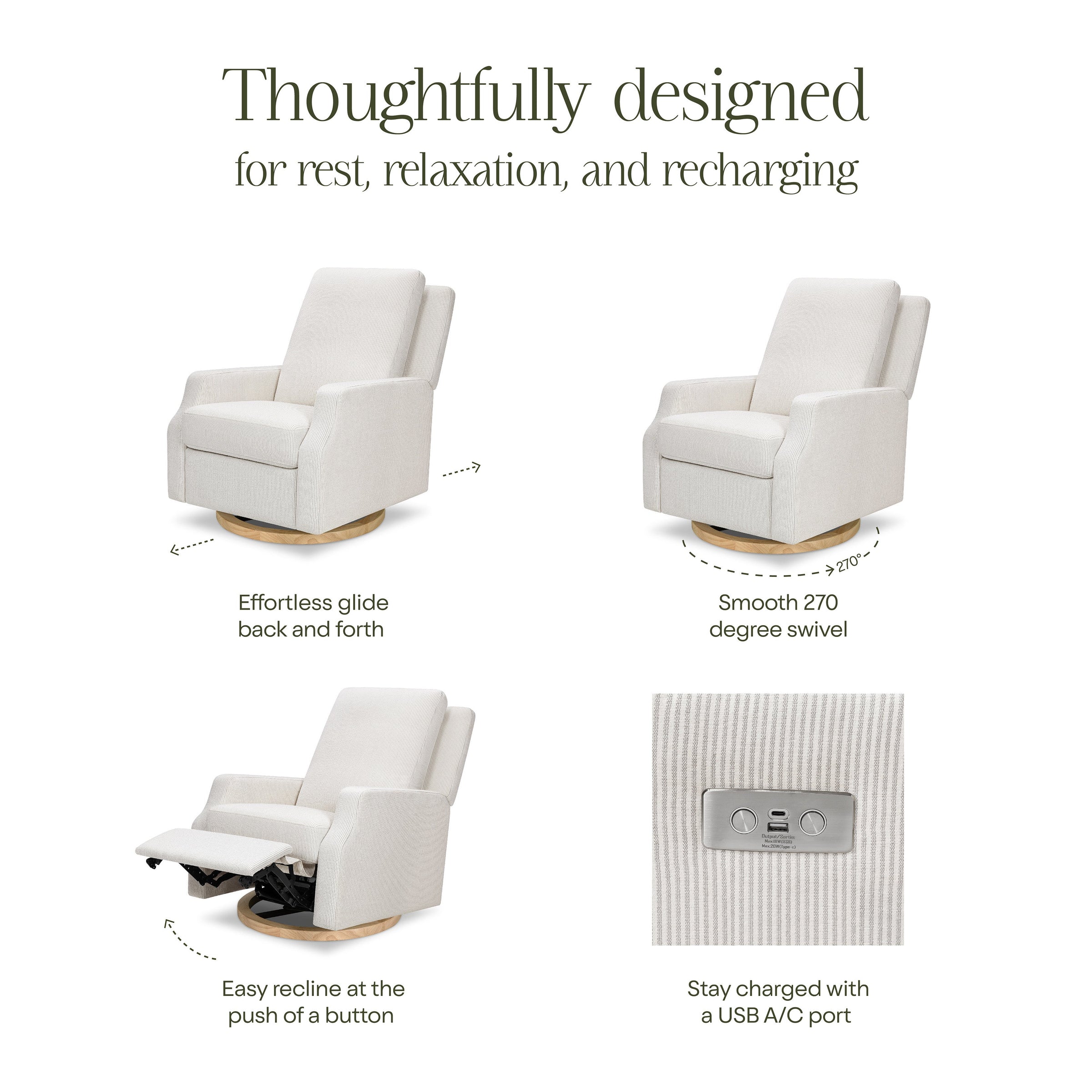 M22286FCSLB,Crewe Electronic Swivel Glider Recliner in Fog Chatham Stripe Performance Eco-Weave w/LB