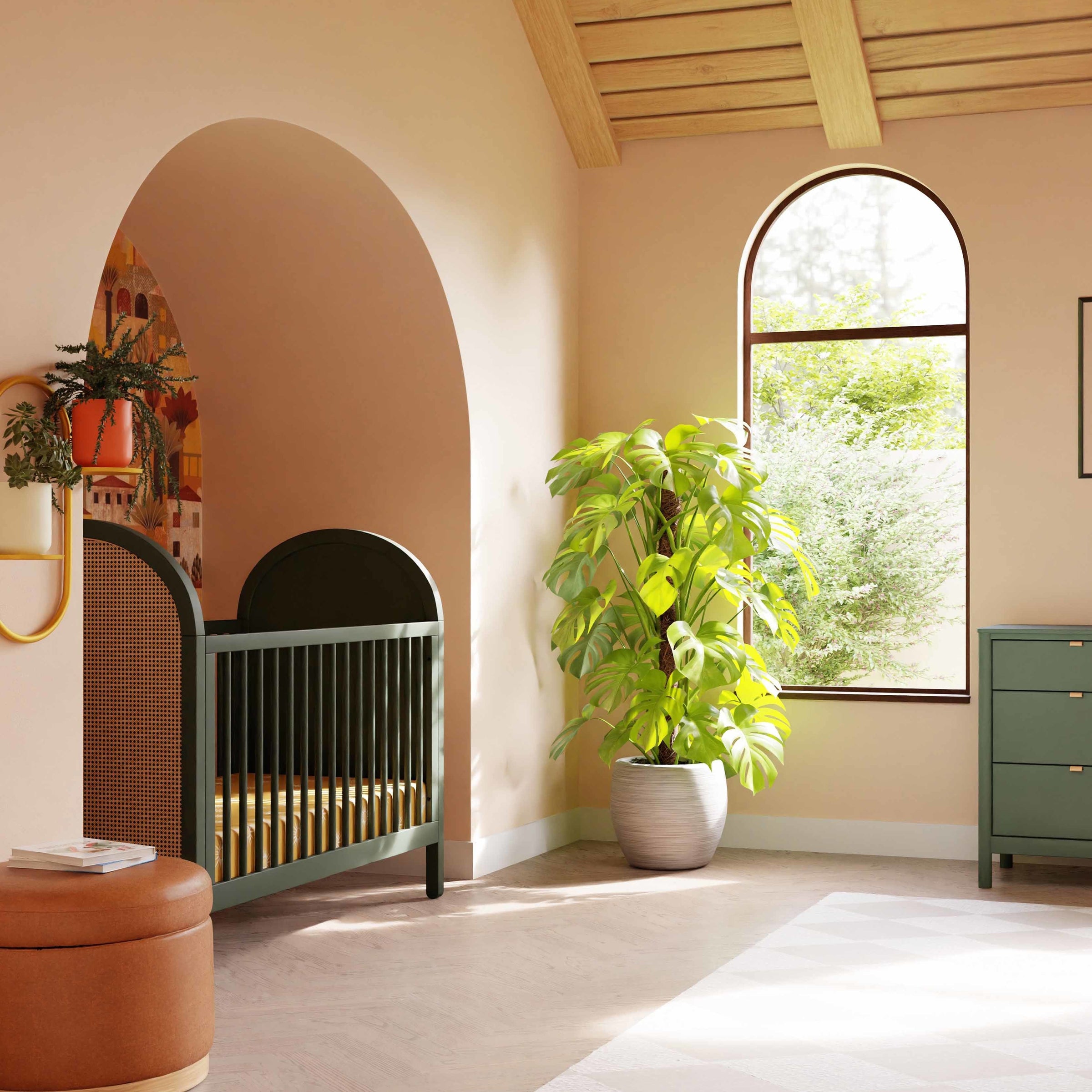 M25601FRGRNC,Bondi Cane 3-in-1 Convertible Crib w/ Toddler Bed Kit in Forest Green w/ Natural Cane