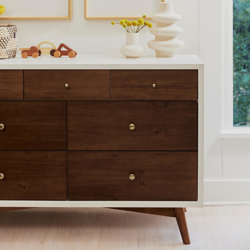 M15916RWNL,Palma 7-Drawer Double Dresser  Assembled in Warm White w/Natural Walnut