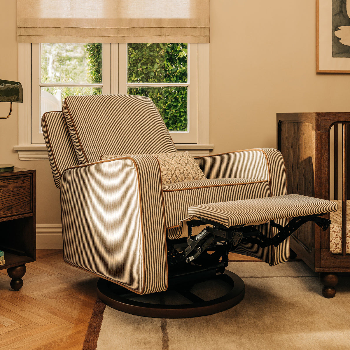 M23085OSCTB,Nate Berkus x Babyletto Sigi Power Recliner in Perf Olive Stripe Eco-Crossweave w/Toffee Base