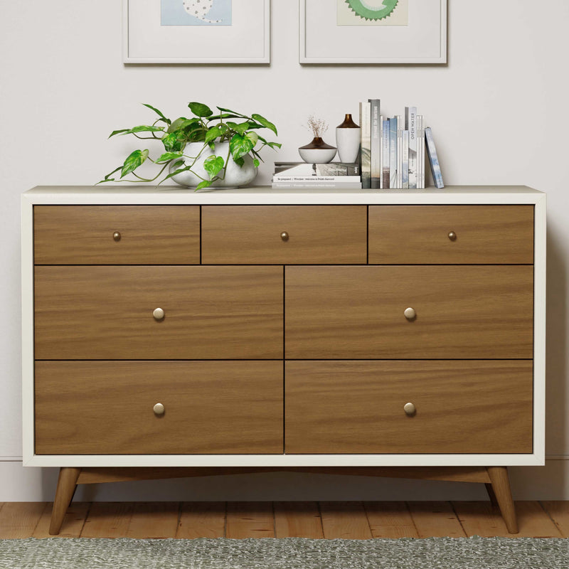M15916RWNL,Palma 7-Drawer Double Dresser  Assembled in Warm White w/Natural Walnut