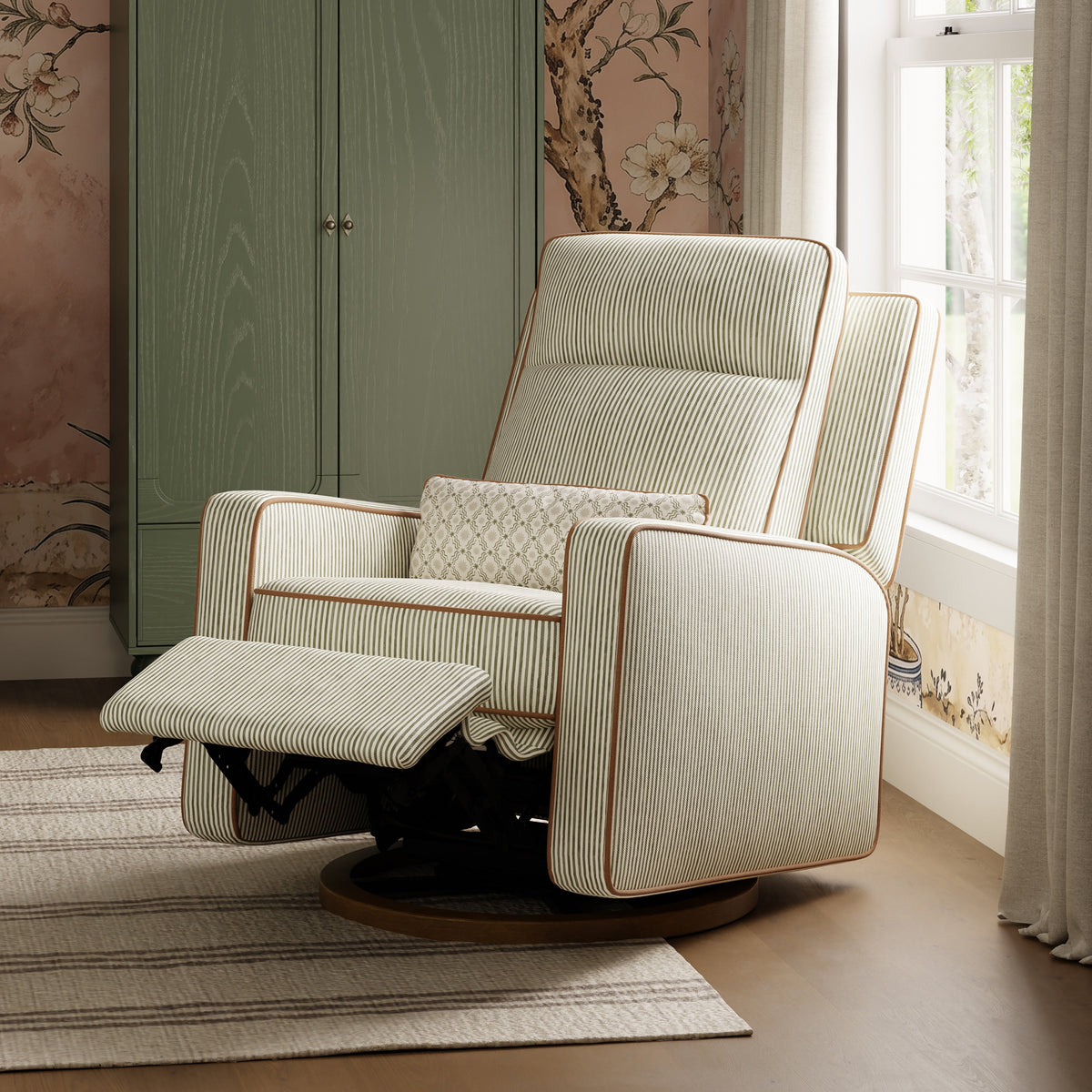 M23082OSCTB,Nate Berkus x Babyletto Sigi Pro Power Recliner in Perf Olive Stripe Eco-Crossweave w/Toffee Base