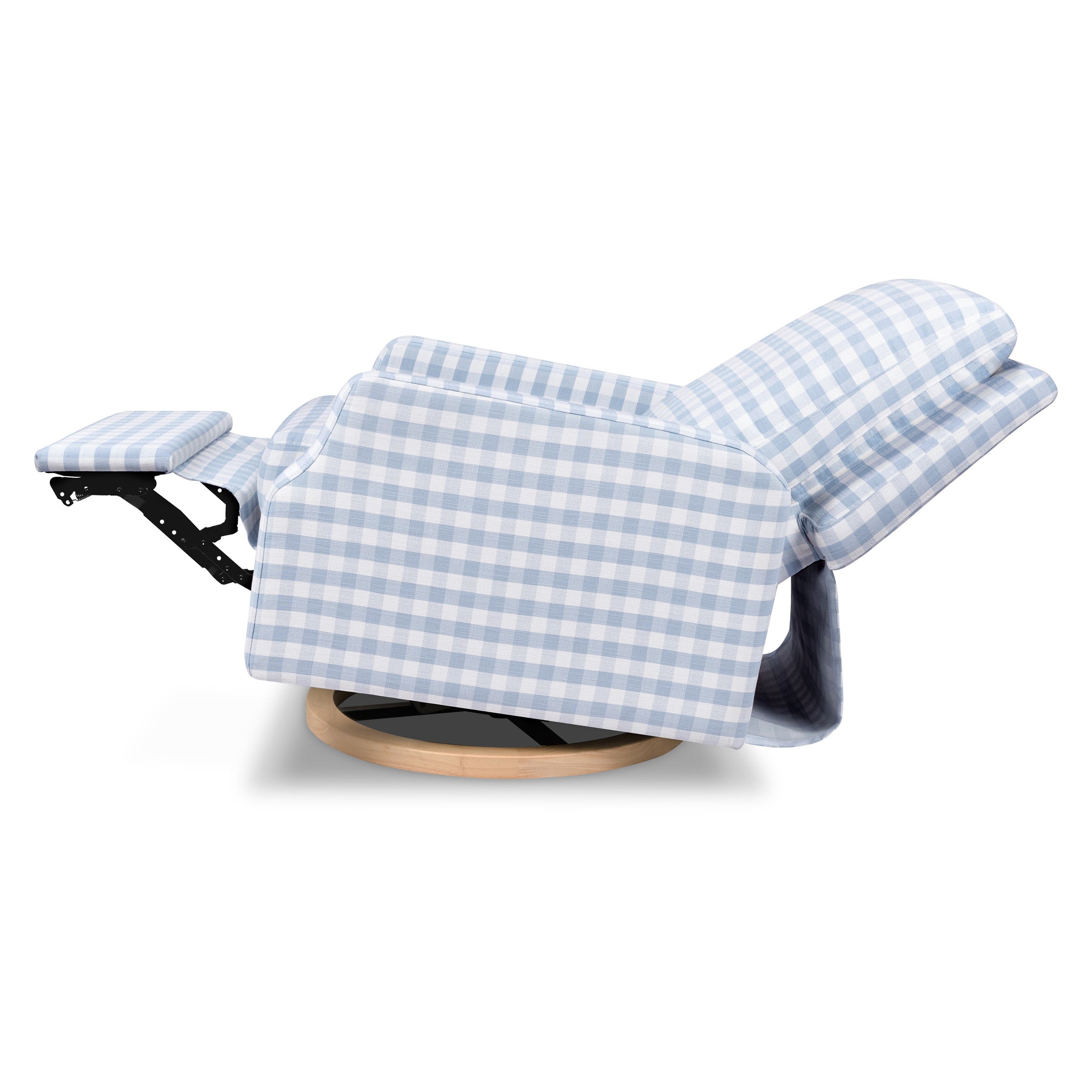 M22286BGHLB,Crewe Electronic Swivel Glider Recliner in Blue Gingham with Light Wood Base