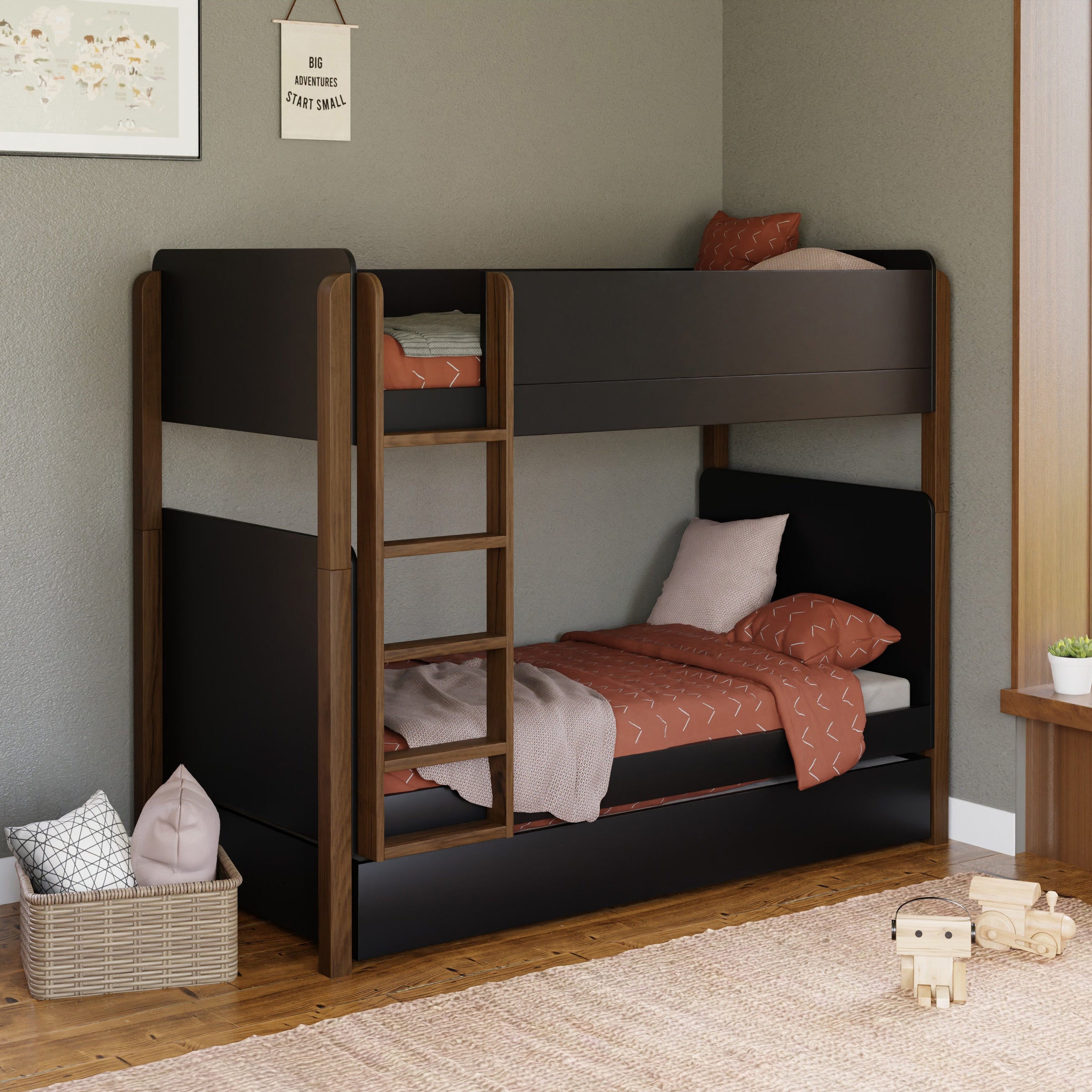 M18494BNL,TipToe Bunk Bed in Black and Natural Walnut