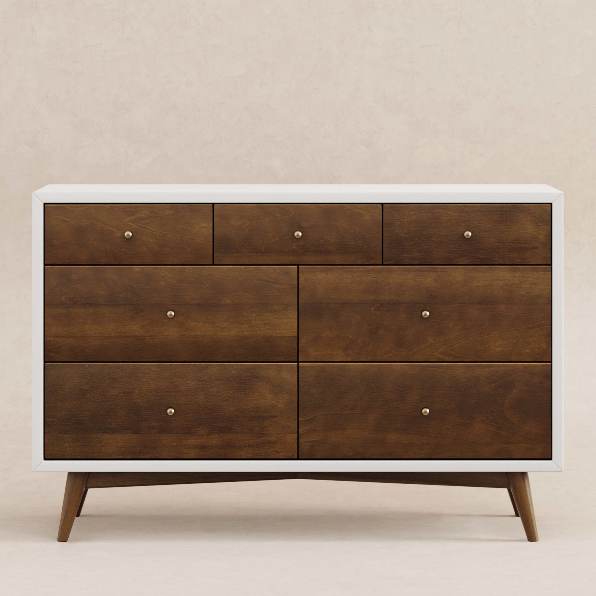 M15916RWNL,Palma 7-Drawer Double Dresser  Assembled in Warm White w/Natural Walnut