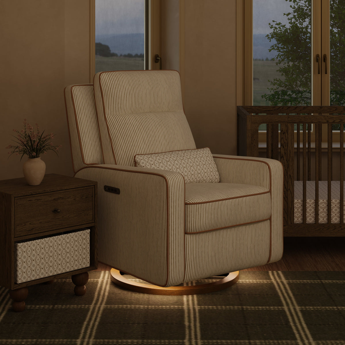 M23082BSCTB,Nate Berkus x Babyletto Sigi Pro Power Recliner in Perf Bronze Stripe Eco-Crossweave w/Toffee Base