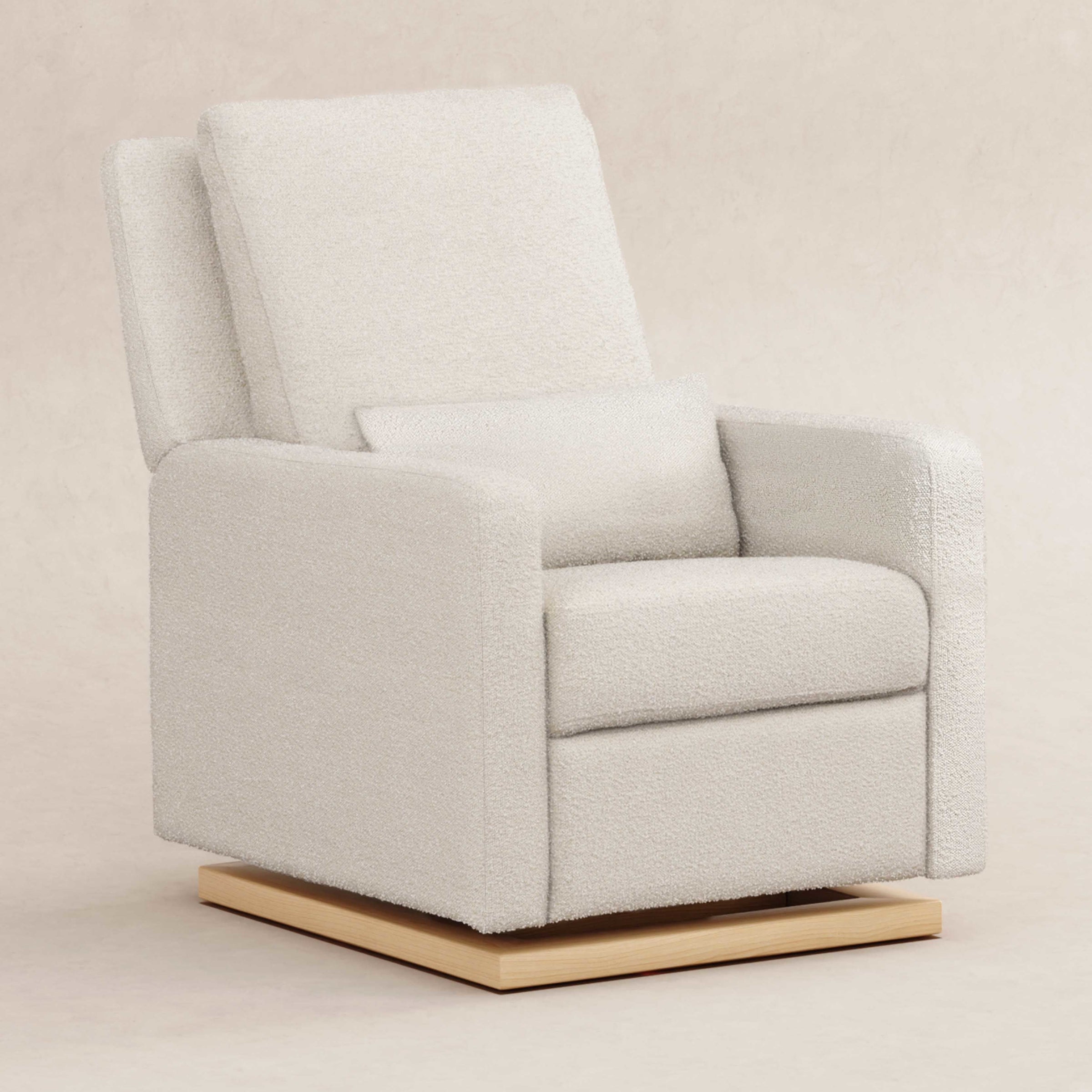 M23085WBLB,Sigi Glider Recliner w/ Electronic Control and USB in Ivory Boucle w/Light Wood Base