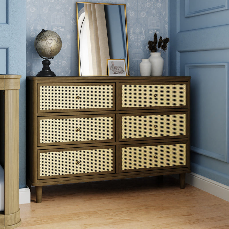 M23716NLBC,Marin with Cane 6 Drawer Assembled Dresser in Natural Walnut and Blonde Cane