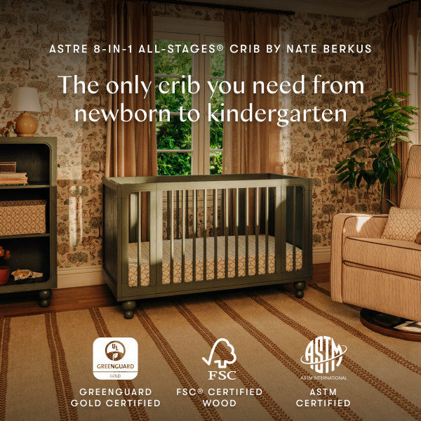 M33380AE,Nate Berkus x Babyletto Astre All-Stages Crib w/Bassinet & Toddler Bed Kits in Archival Elm
