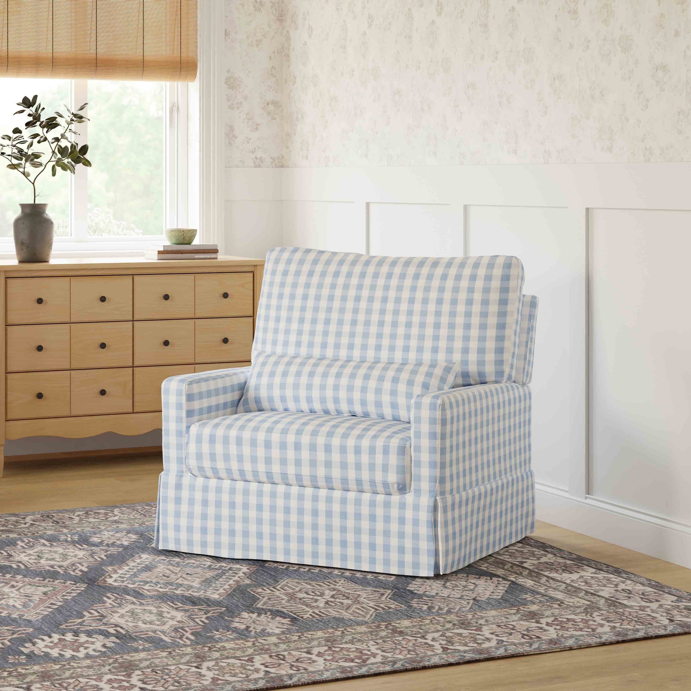 M21797BGH,Crawford Chair and a Half Pillowback Swivel Glider in Blue Gingham