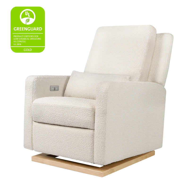 M23085WBLB,Sigi Glider Recliner w/ Electronic Control and USB in Ivory Boucle w/Light Wood Base