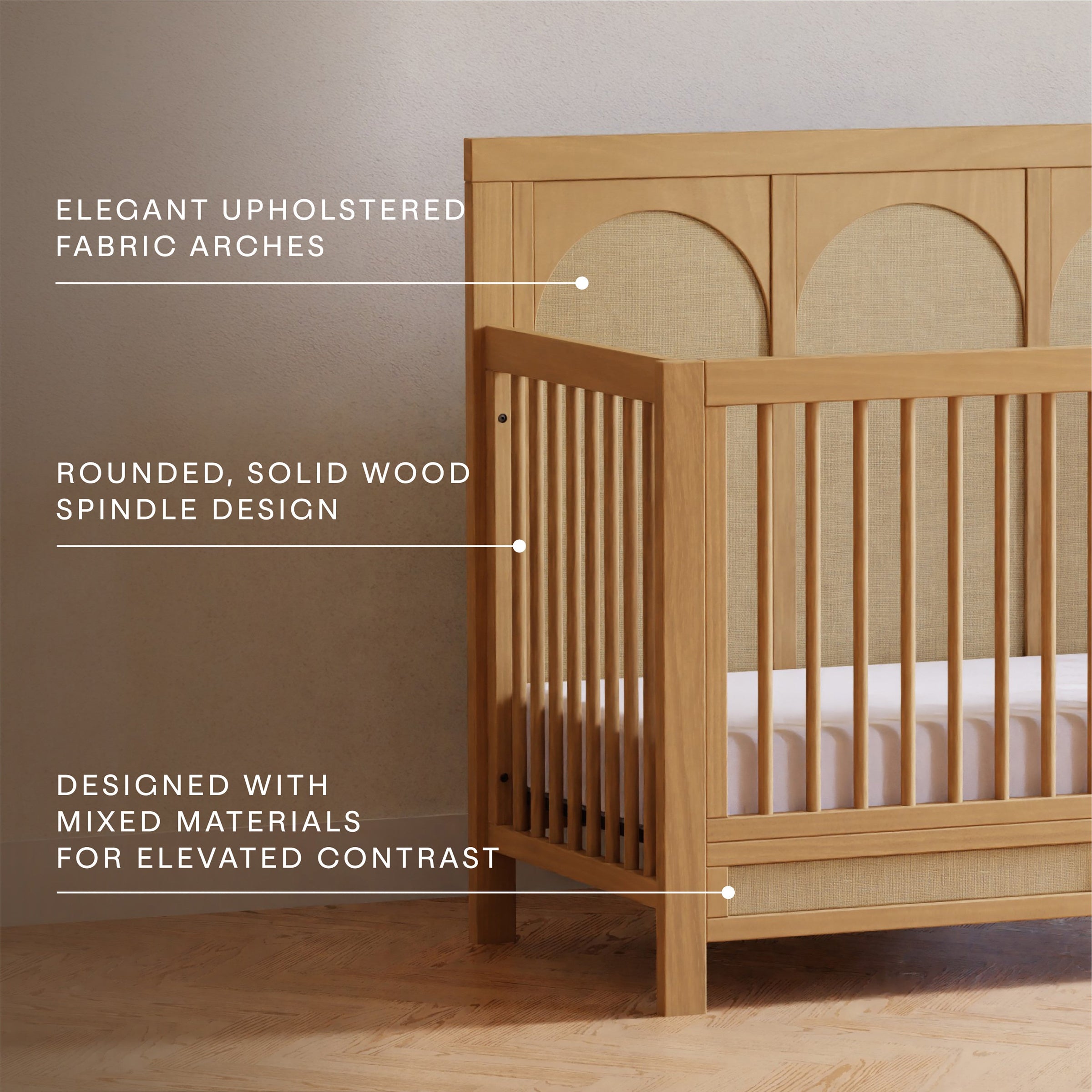 M24801HYPSEW,Eloise 4-in-1 Convertible Crib in Honey & Performance Sand Eco-Weave