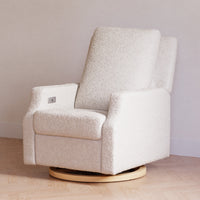 M22286WBLB,Crewe Electronic Swivel Glider Recliner in Ivory Boucle w/Light Wood Base