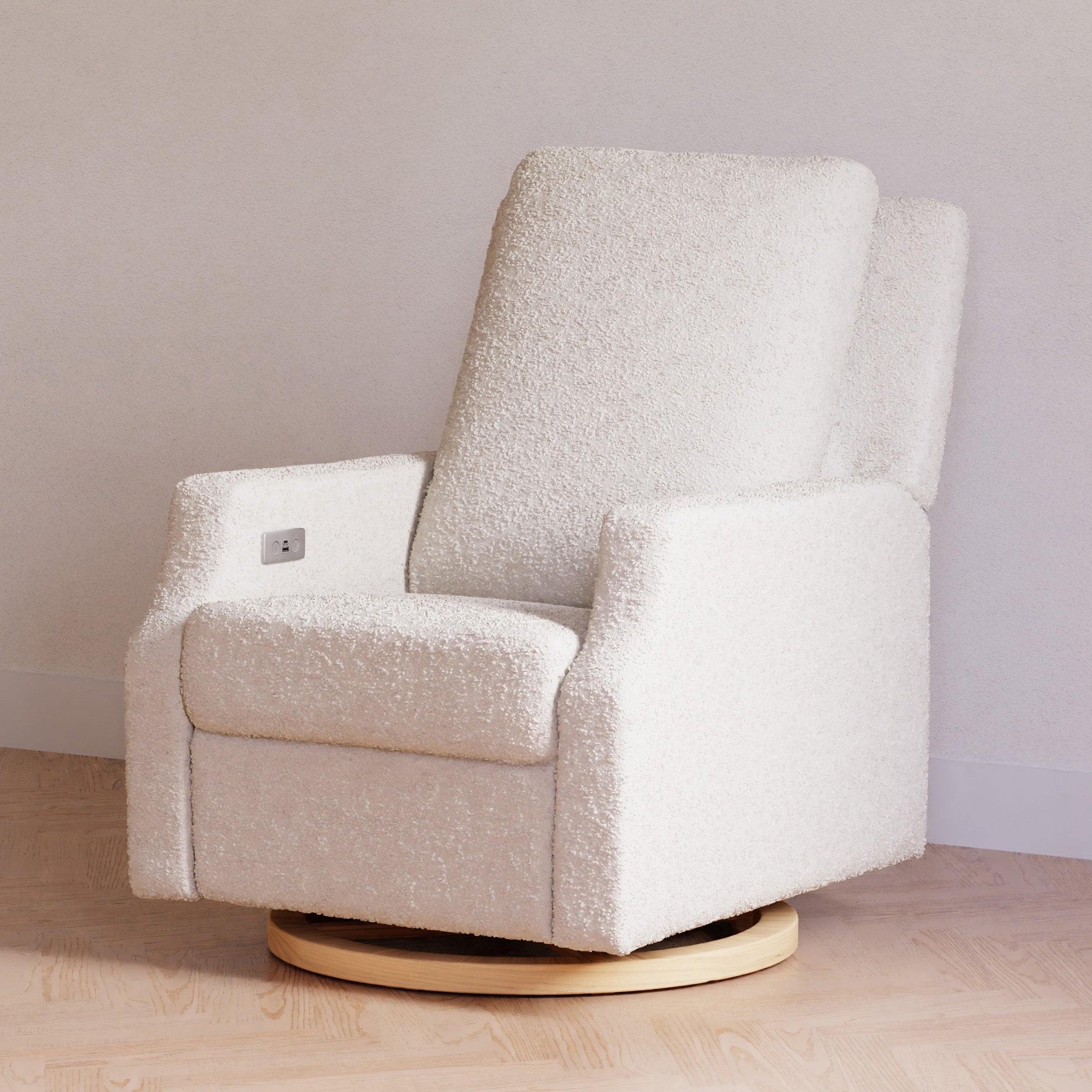 M22286WBLB,Crewe Electronic Swivel Glider Recliner in Ivory Boucle w/Light Wood Base