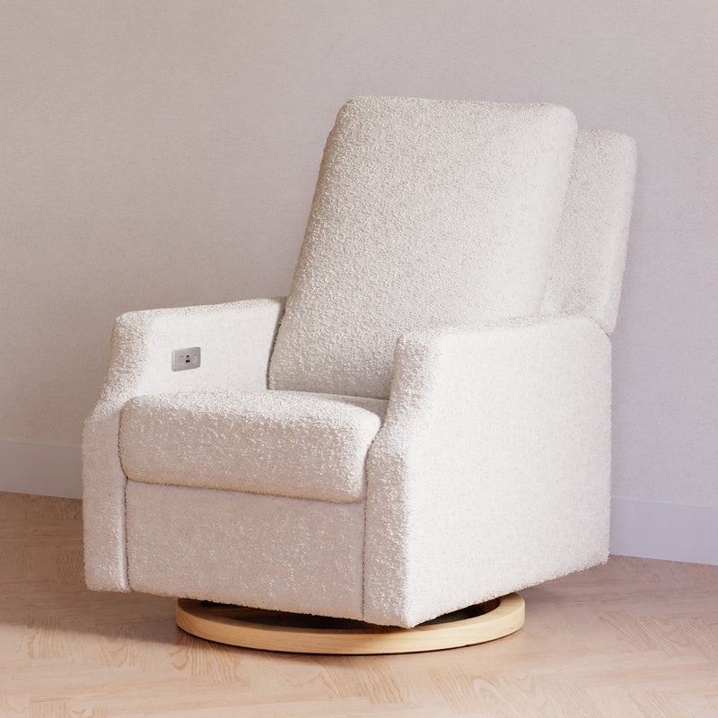 M22286WBLB,Crewe Electronic Swivel Glider Recliner in Ivory Boucle w/Light Wood Base