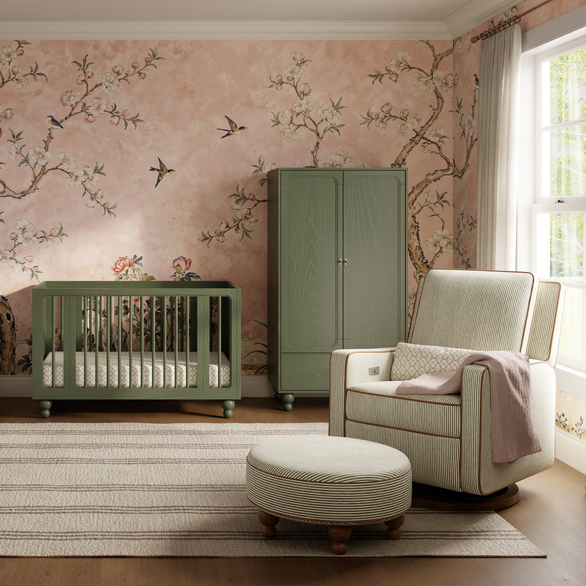 M33385OSCTF,Nate Berkus x Babyletto Astre Ottoman in Perf Olive Stripe Eco-Crossweave w/Toffee feet