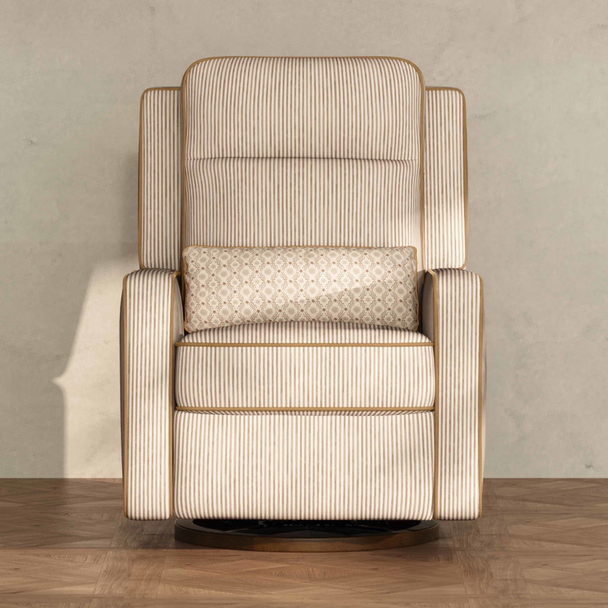 M23082BSCTB,Nate Berkus x Babyletto Sigi Pro Power Recliner in Perf Bronze Stripe Eco-Crossweave w/Toffee Base