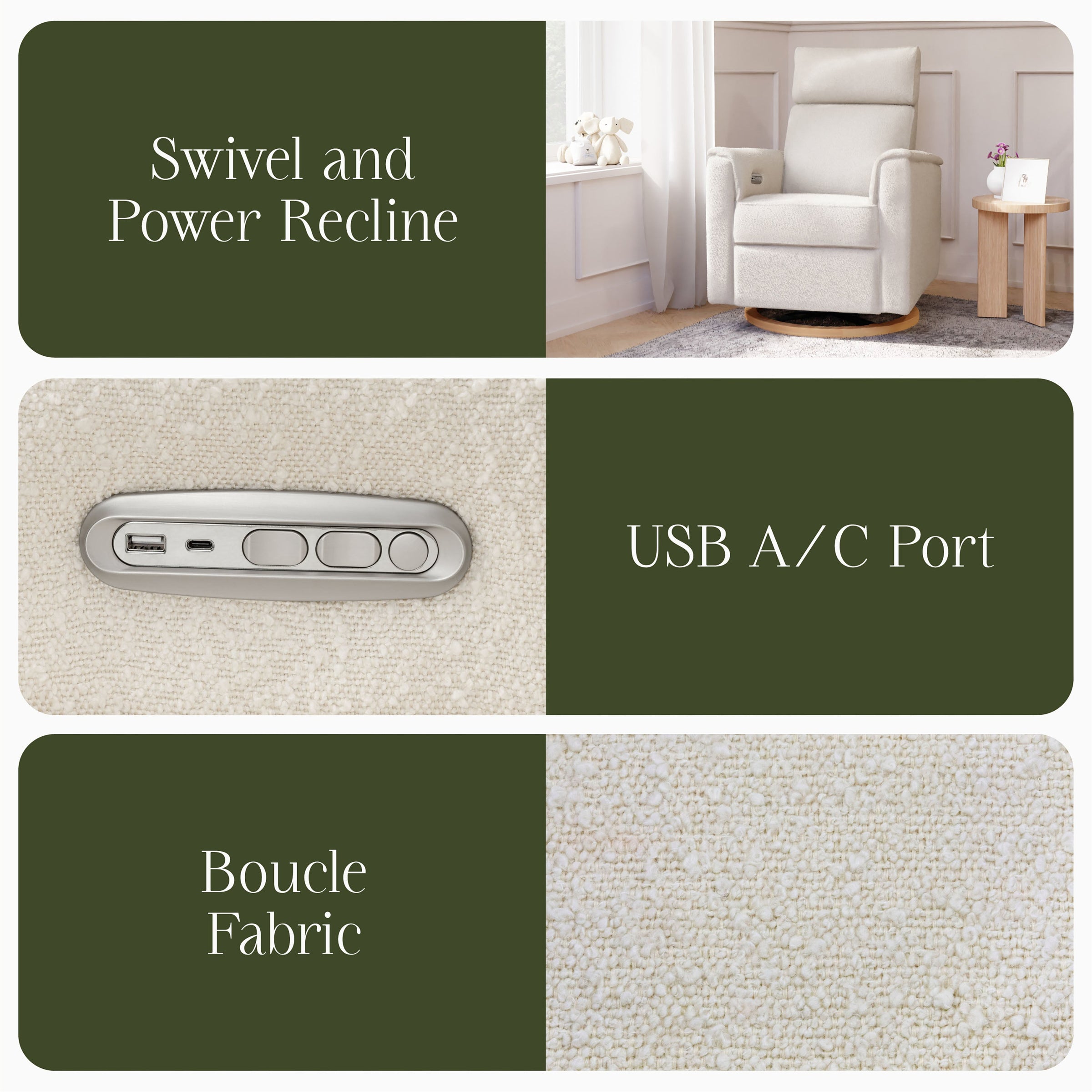 B17186WBLB,Willa Plus Power Glider Recliner w/ Power Headrest in Ivory Boucle with Light Wood Base