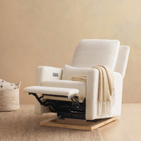 M23085WBLB,Sigi Glider Recliner w/ Electronic Control and USB in Ivory Boucle w/ Light Wood Base