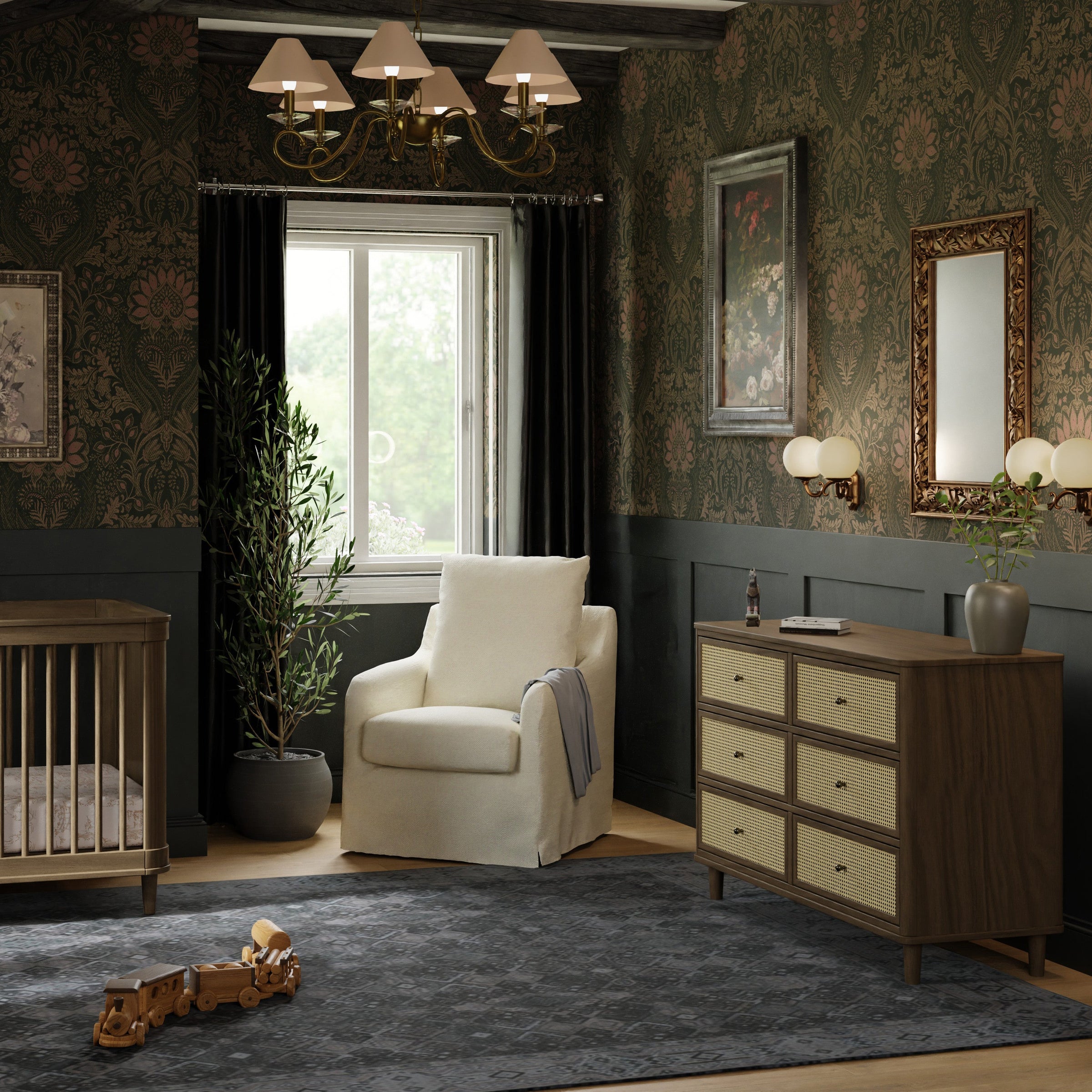 M23716NLBC,Marin with Cane 6 Drawer Assembled Dresser in Natural Walnut and Blonde Cane
