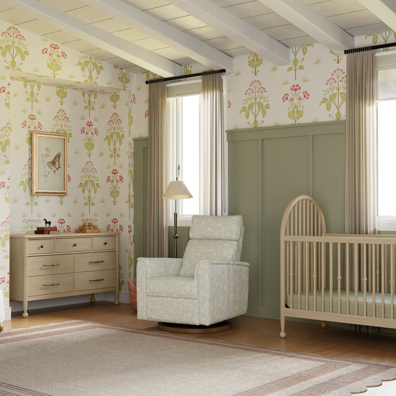 M17186MADB,Willa Plus Power Glider Recliner w/ Power Headrest in Mallow in Ash w/ Dark Wood Base