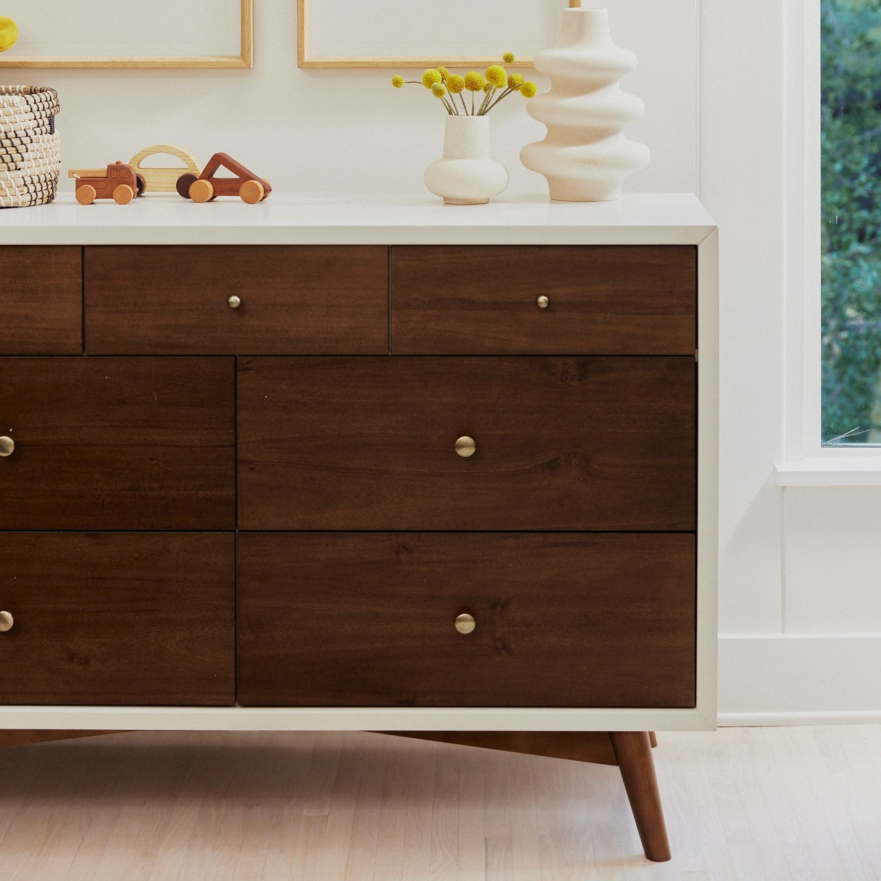 M15916RWNL,Palma 7-Drawer Double Dresser  Assembled in Warm White w/Natural Walnut