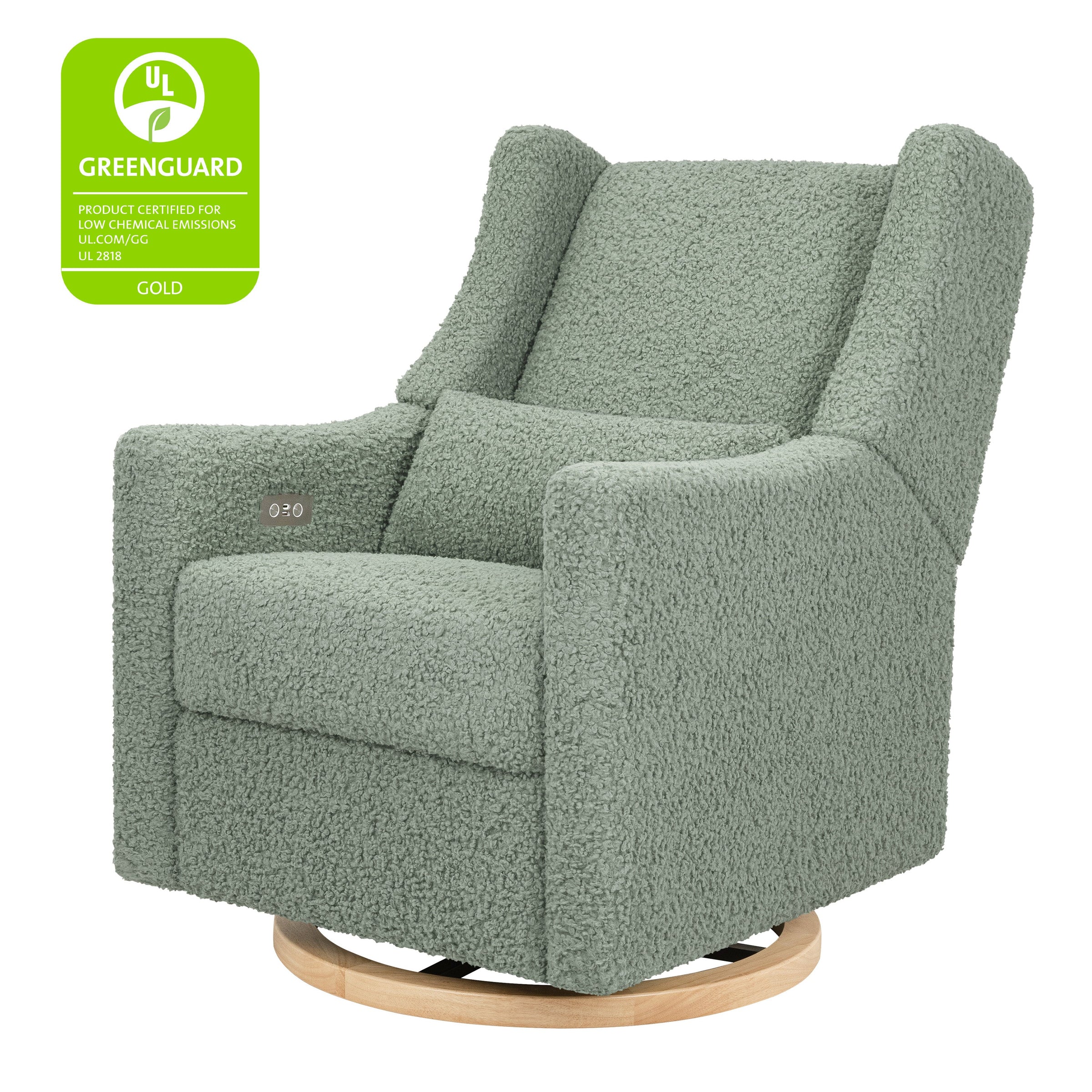 M11288STLB,Kiwi Glider Recliner w/ Electronic Control and USB in Sage Teddy Loop w/ Light Wood Base