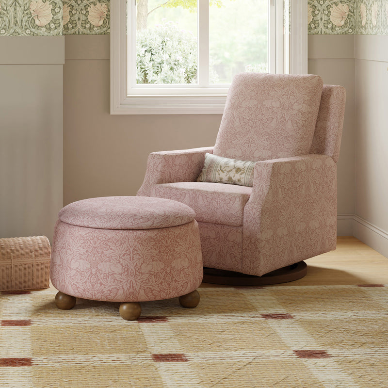 M30985PBRRDF,Tuffet Storage Ottoman Pure Brer Rabbit in Rose w/Dark Wood Ball Feet