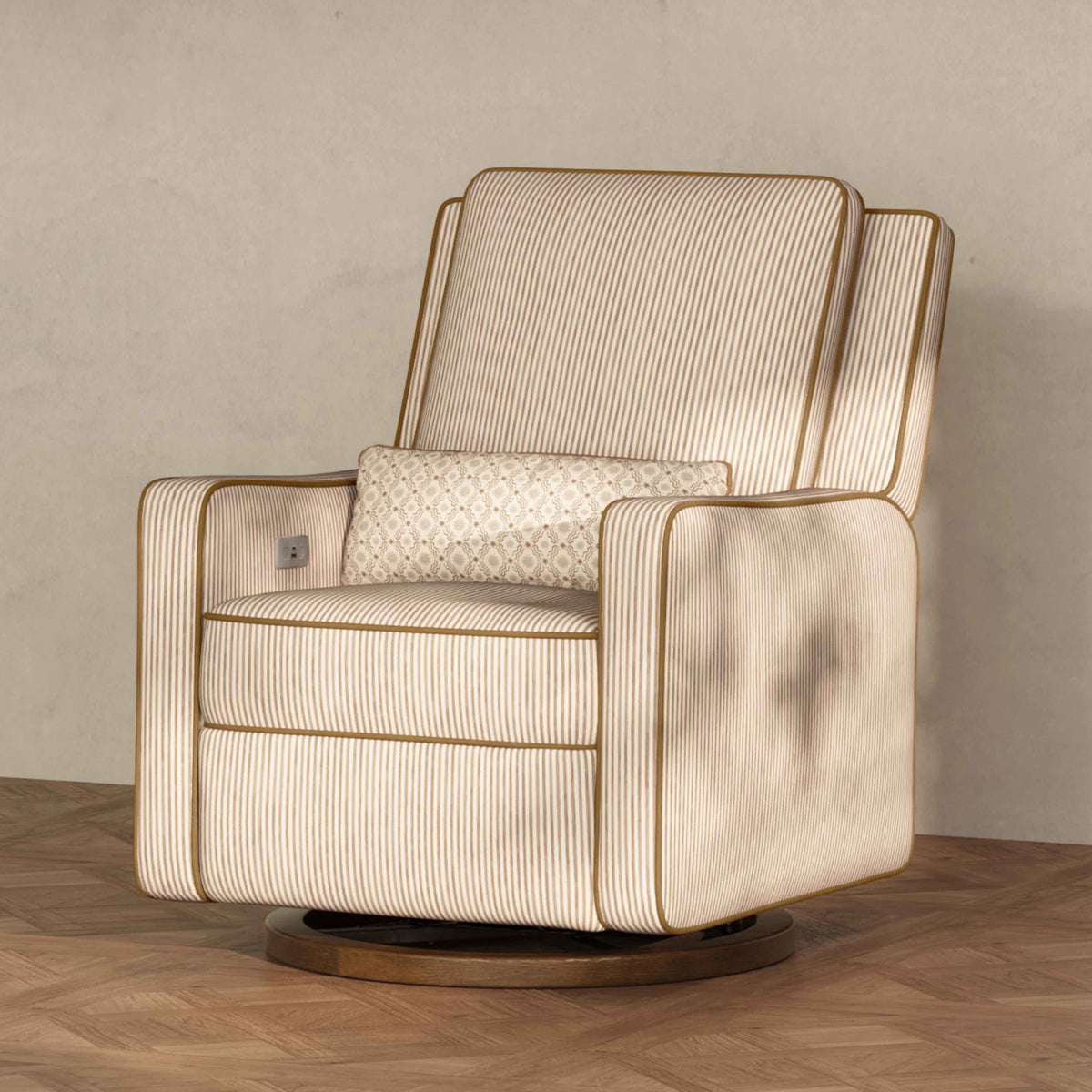 M23085BSCTB,Nate Berkus x Babyletto Sigi Power Recliner in Perf Bronze Stripe Eco-Crossweave w/Toffee Base