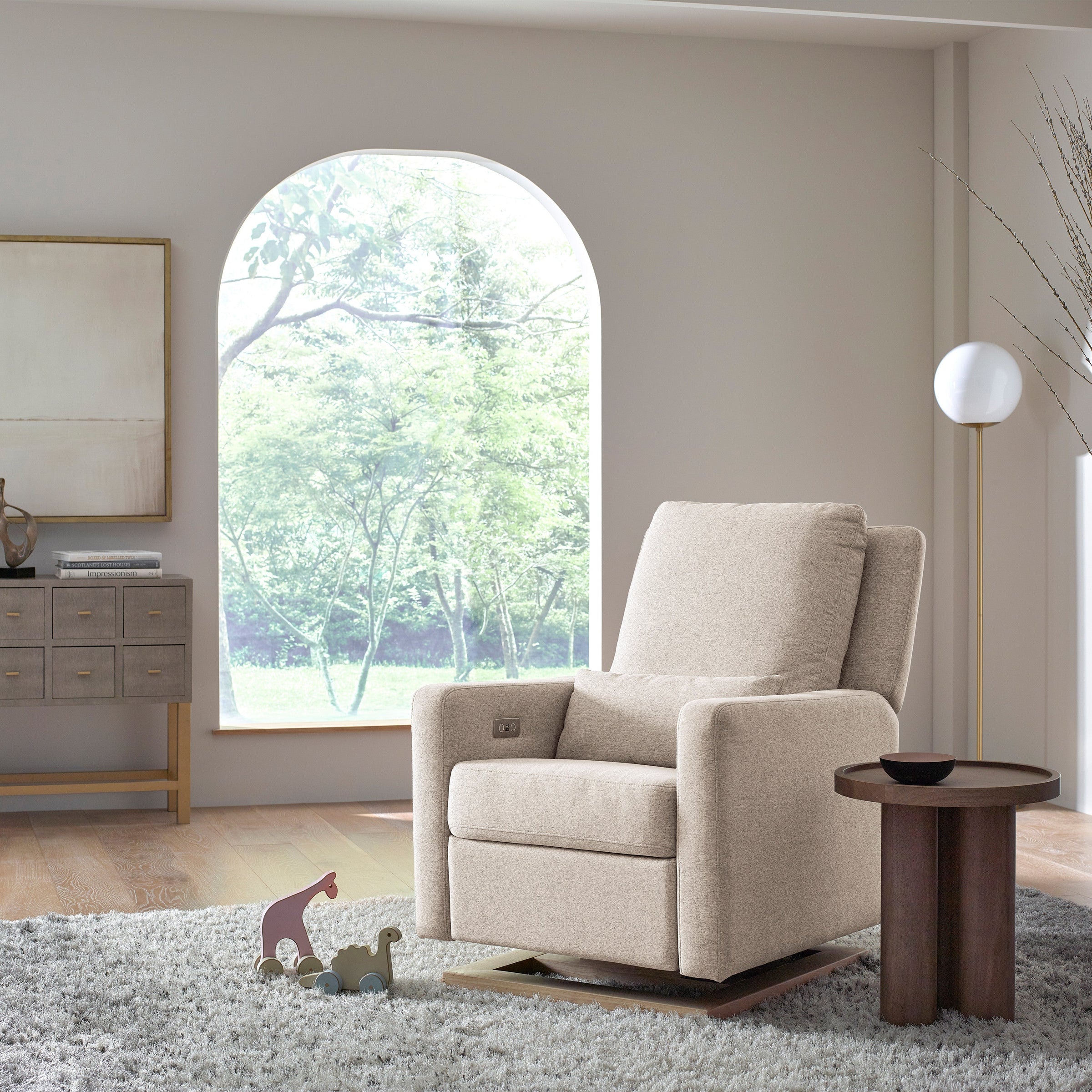 M23085PBEWLB,Sigi Glider Recliner w/ Electronic Control and USB in Performance Beach Eco-Weave w/Light Wood Base