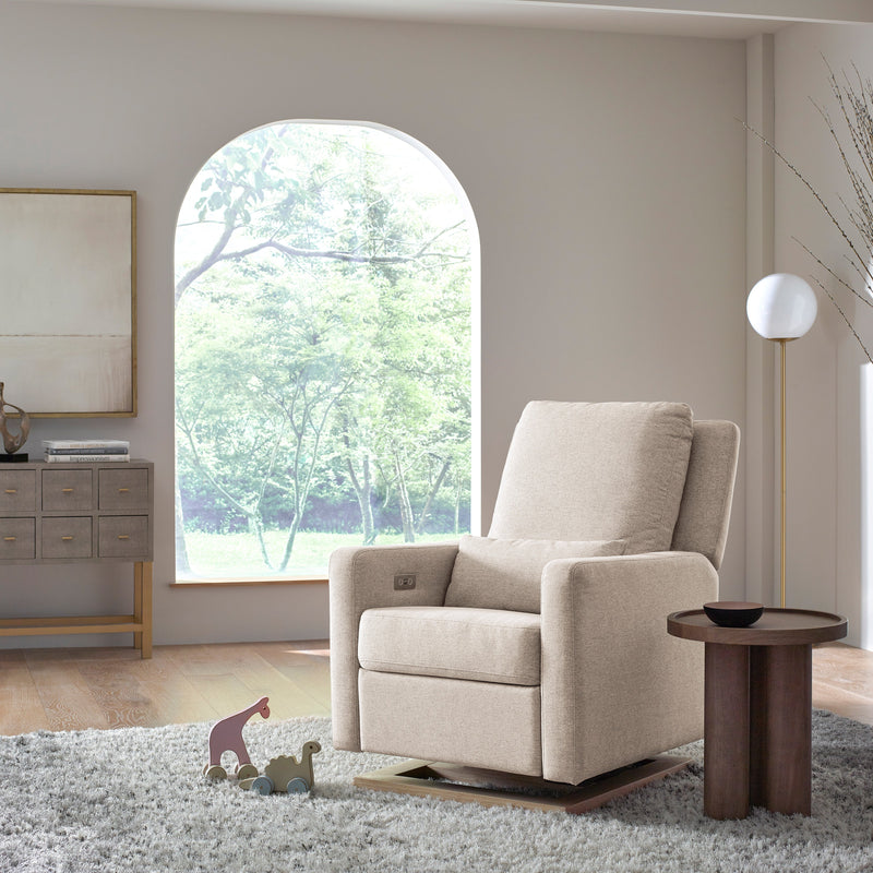 M23085PBEWLB,Sigi Glider Recliner w/ Electronic Control and USB in Performance Beach Eco-Weave w/Light Wood Base